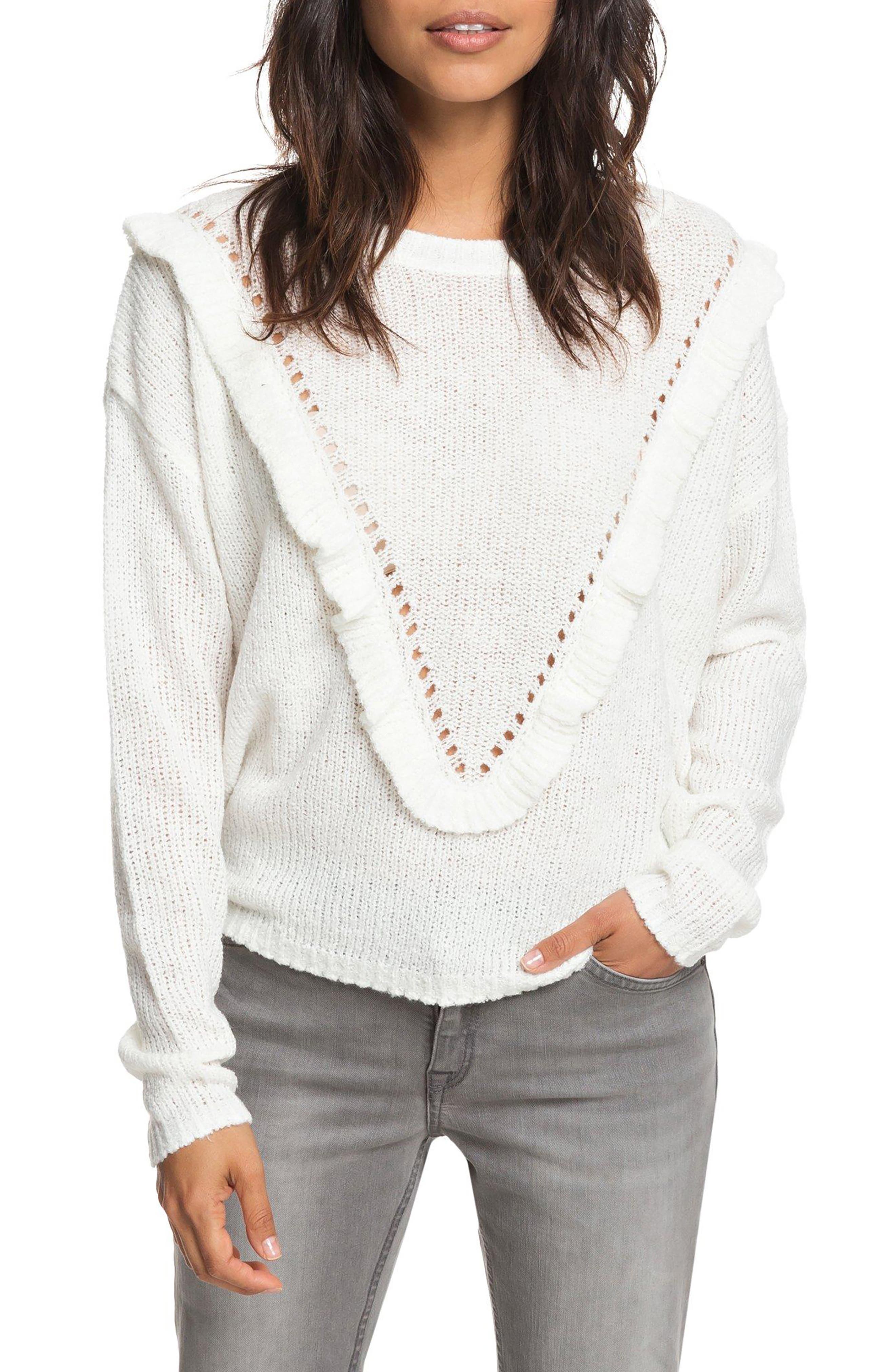 Roxy One Fine Stay Ruffle Sweater, White