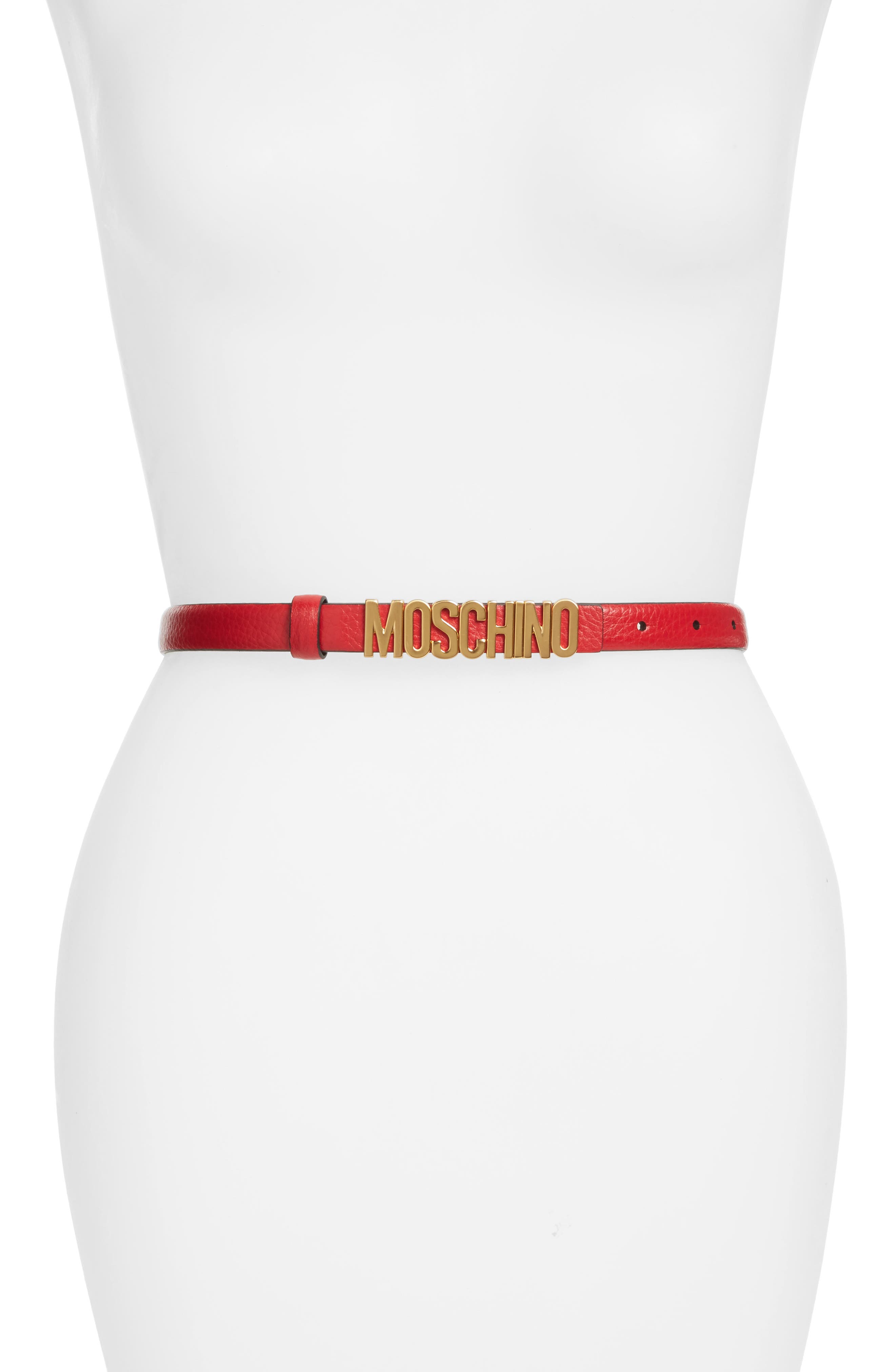 Moschino Logo Leather Skinny Belt, Red