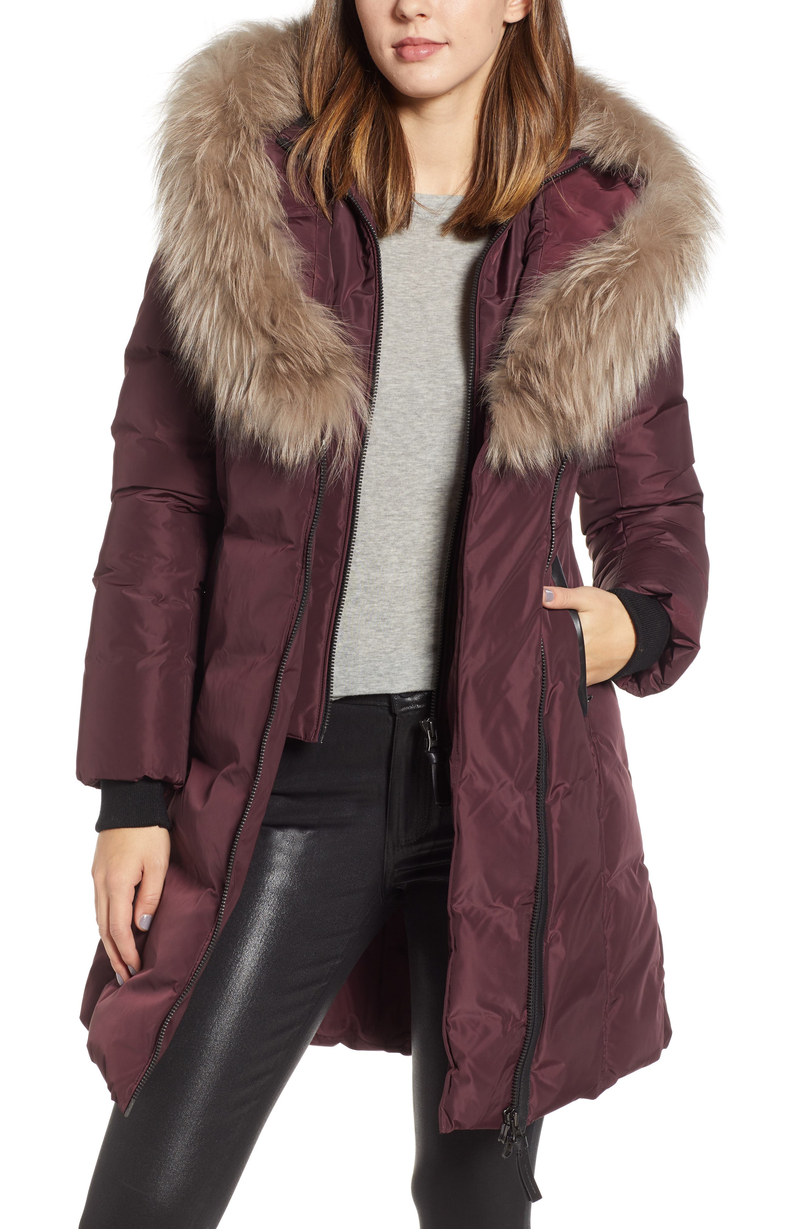 Mackage 800 Fill Power Down Coat With Genuine Fox Fur Trim, Burgundy