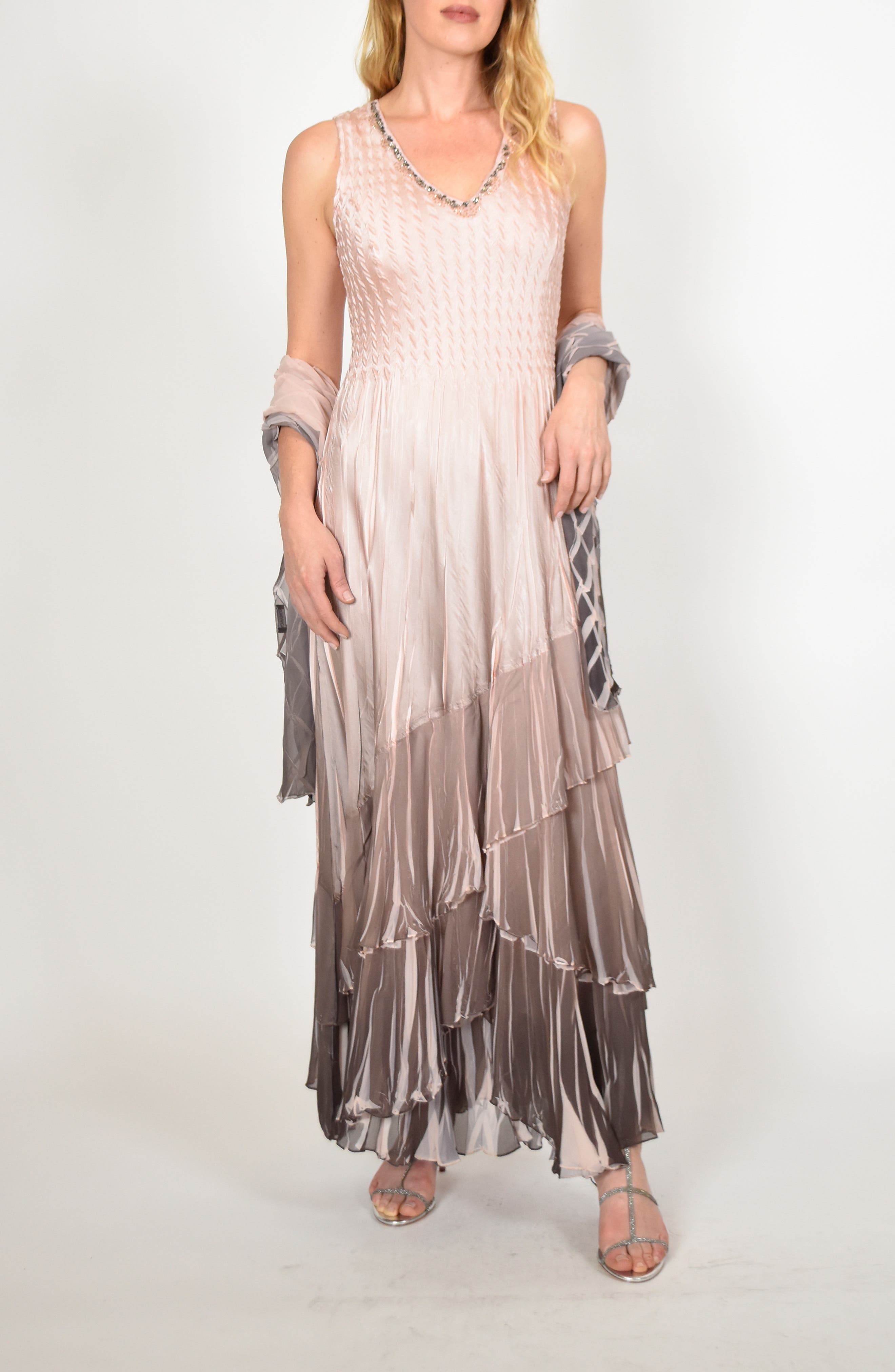 Petite Komarov Layered Maxi Dress With Wrap, Beige