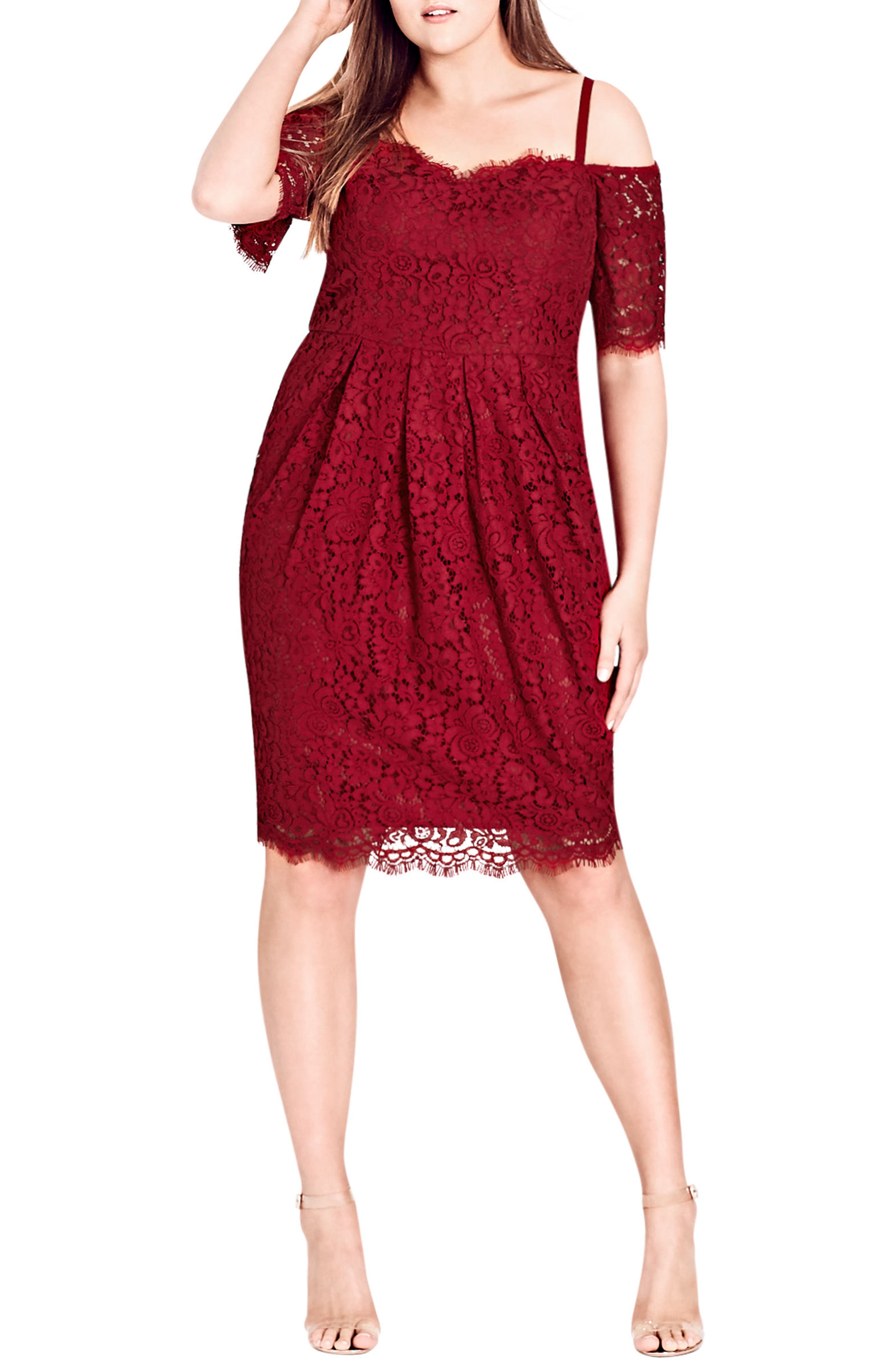 Plus Size City Chic Amour Cold Shoulder Lace Sheath Dress, Red