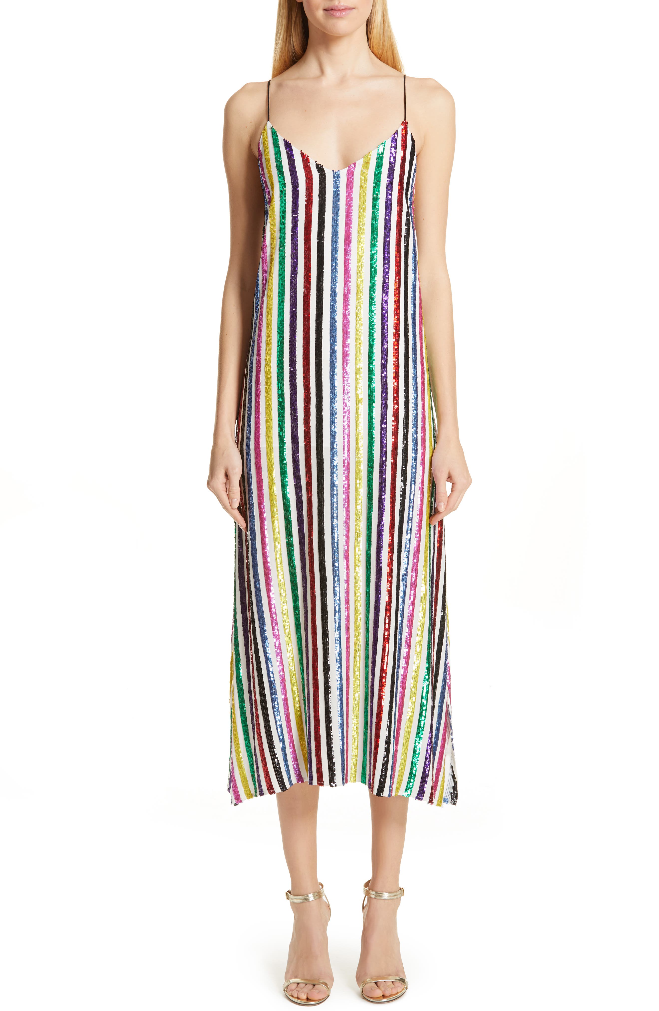 Caroline Constas Sequin Stripe Midi Slipdress, White