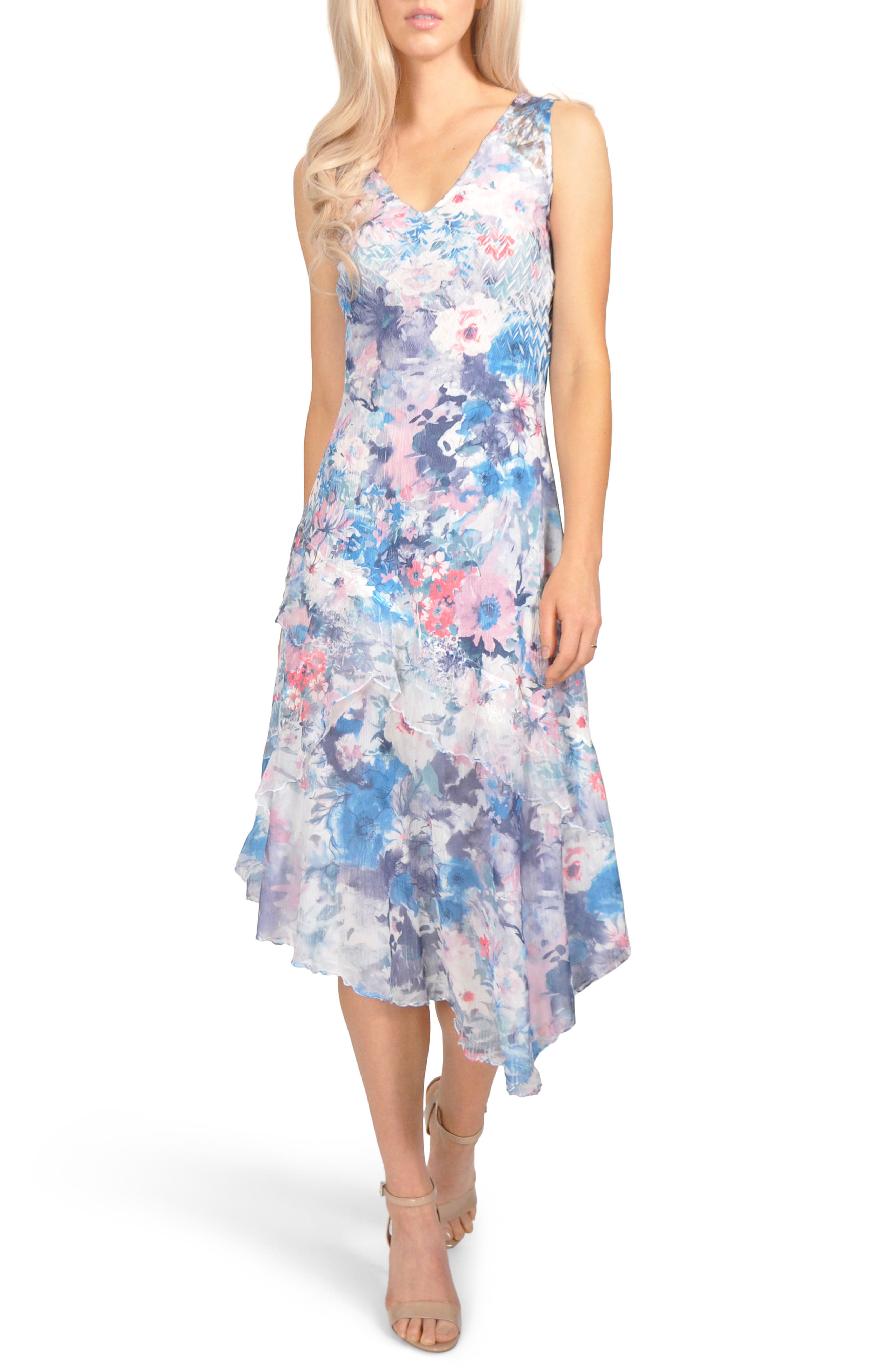 Komarov Floral Chiffon & Charmeuse Dress, Blue