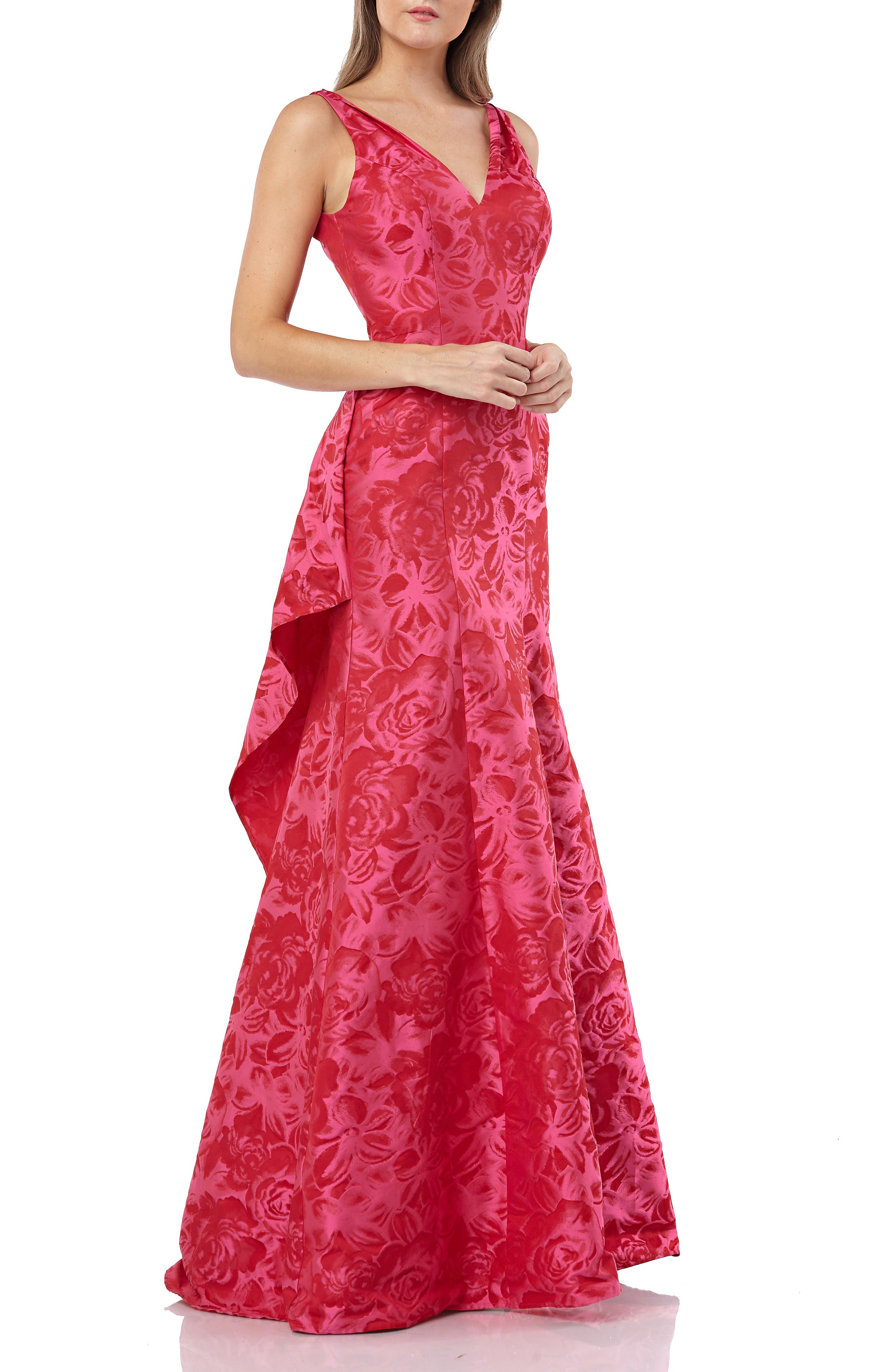 Carmen Marc Valvo Infusion V-Neck Jacquard Evening Dress, Pink