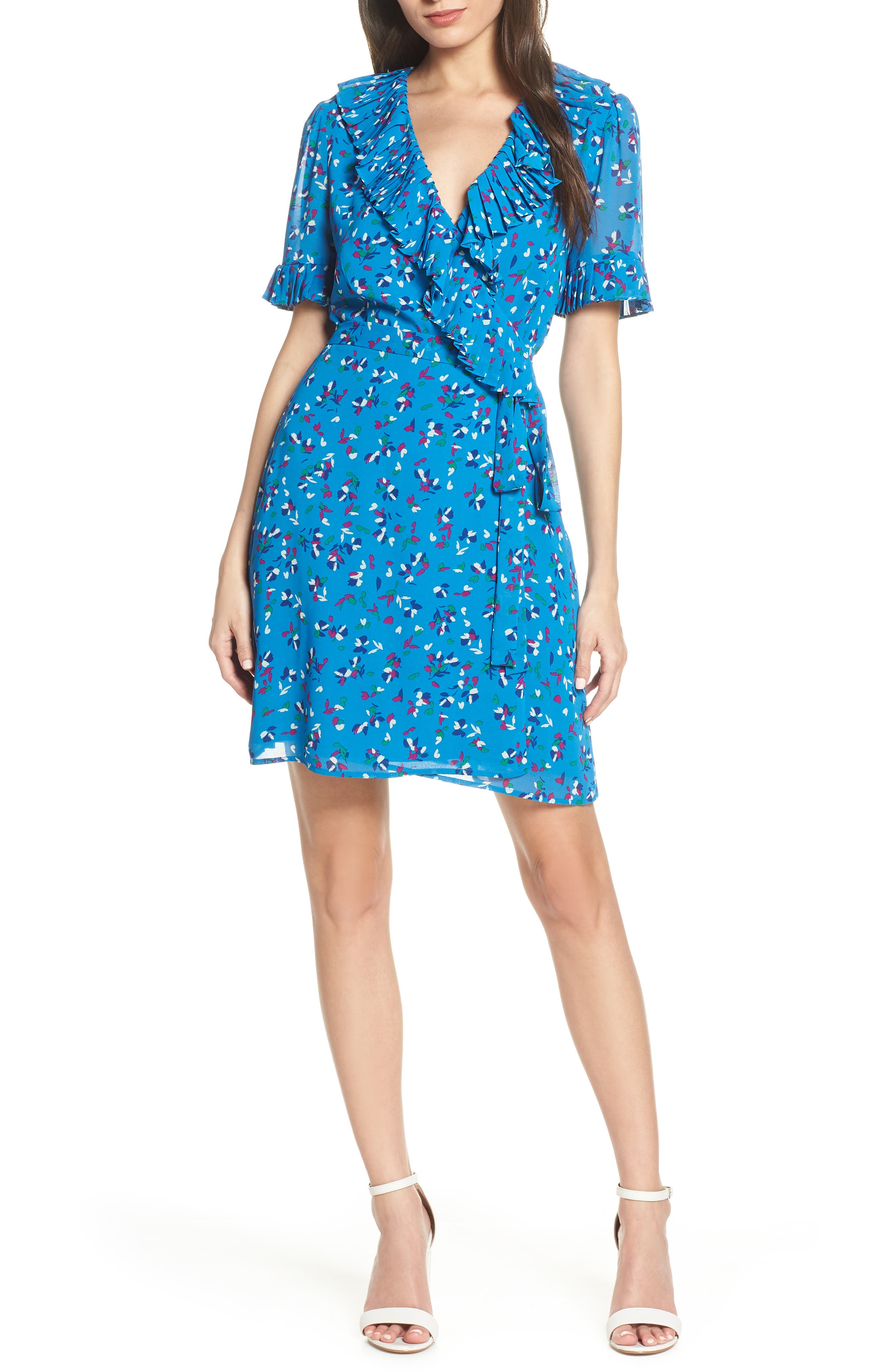 Petite Charles Henry Pleat Neck Wrap Dress, Blue