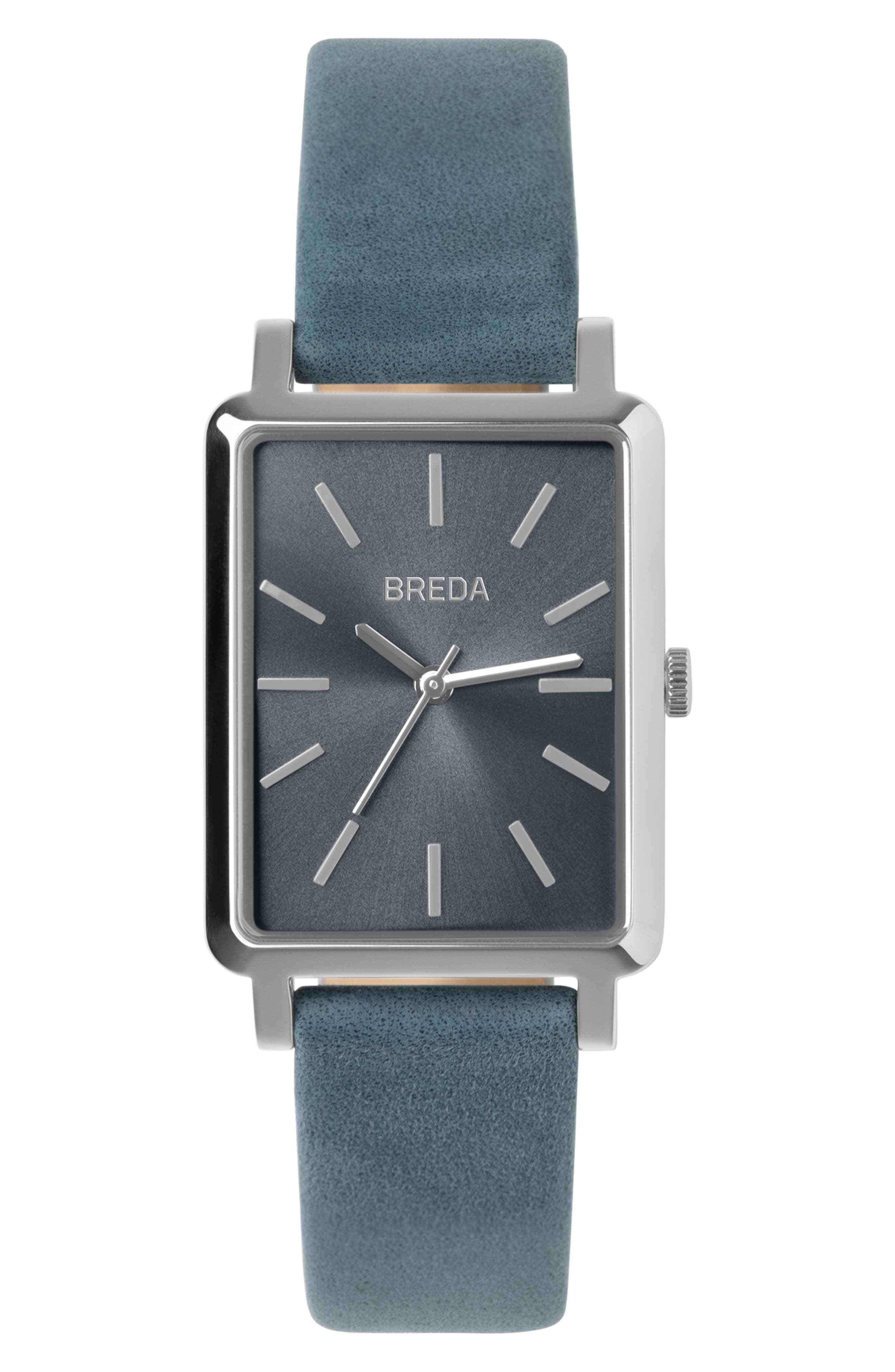 Breda Baer Rectangular Leather Strap Watch, 2m