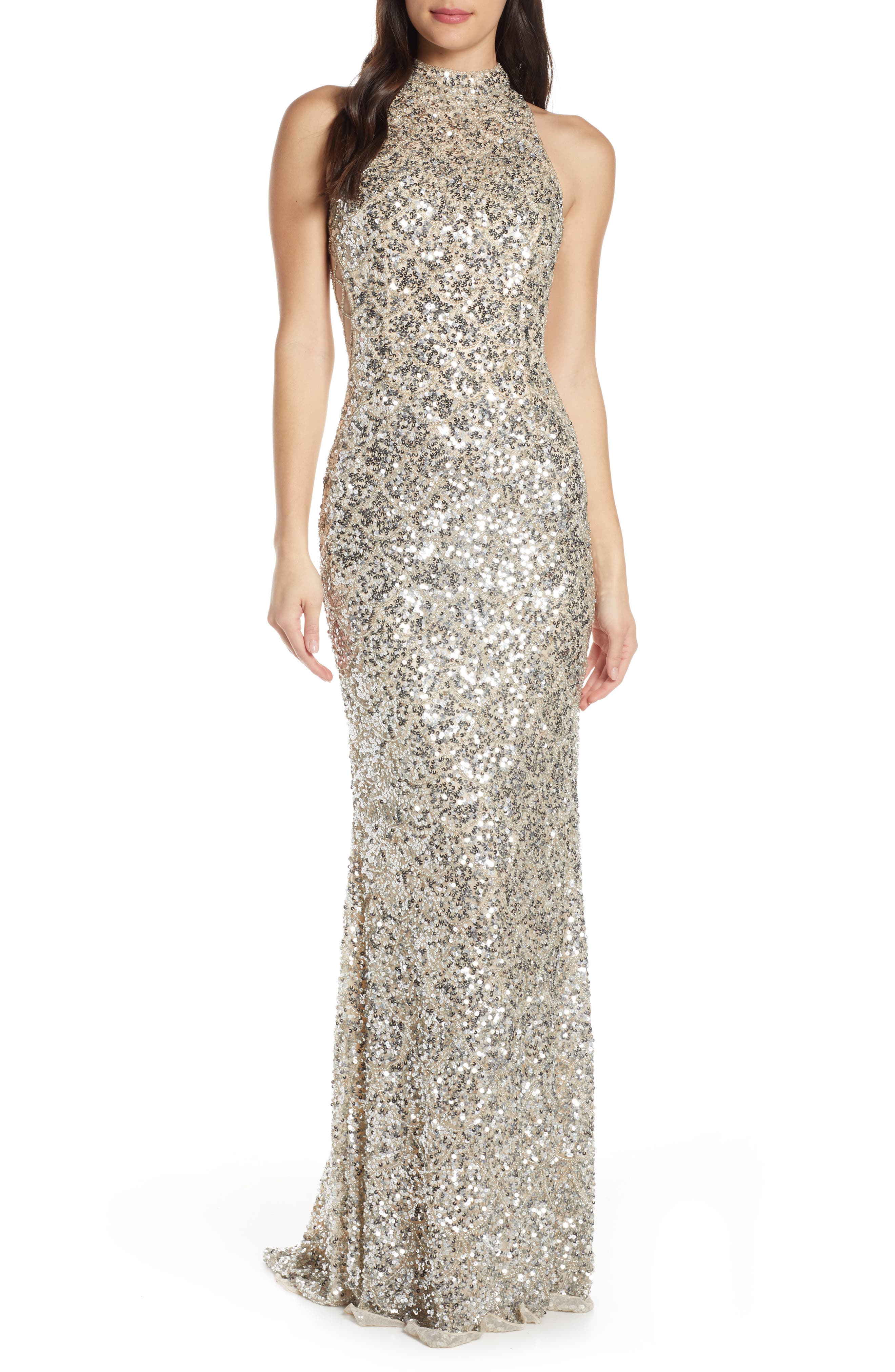 MAC Duggal Scallop Pattern Sequin Gown, Grey