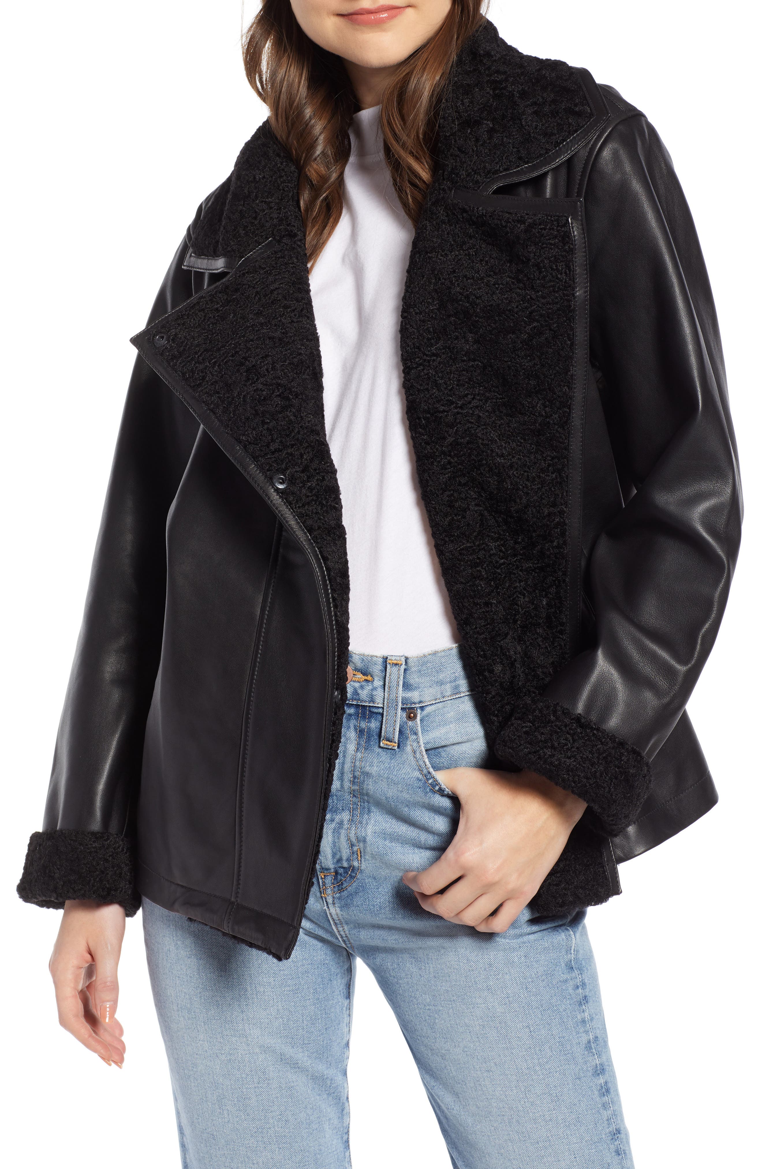 Aviator Leather Jacket, Main, color, BLACK