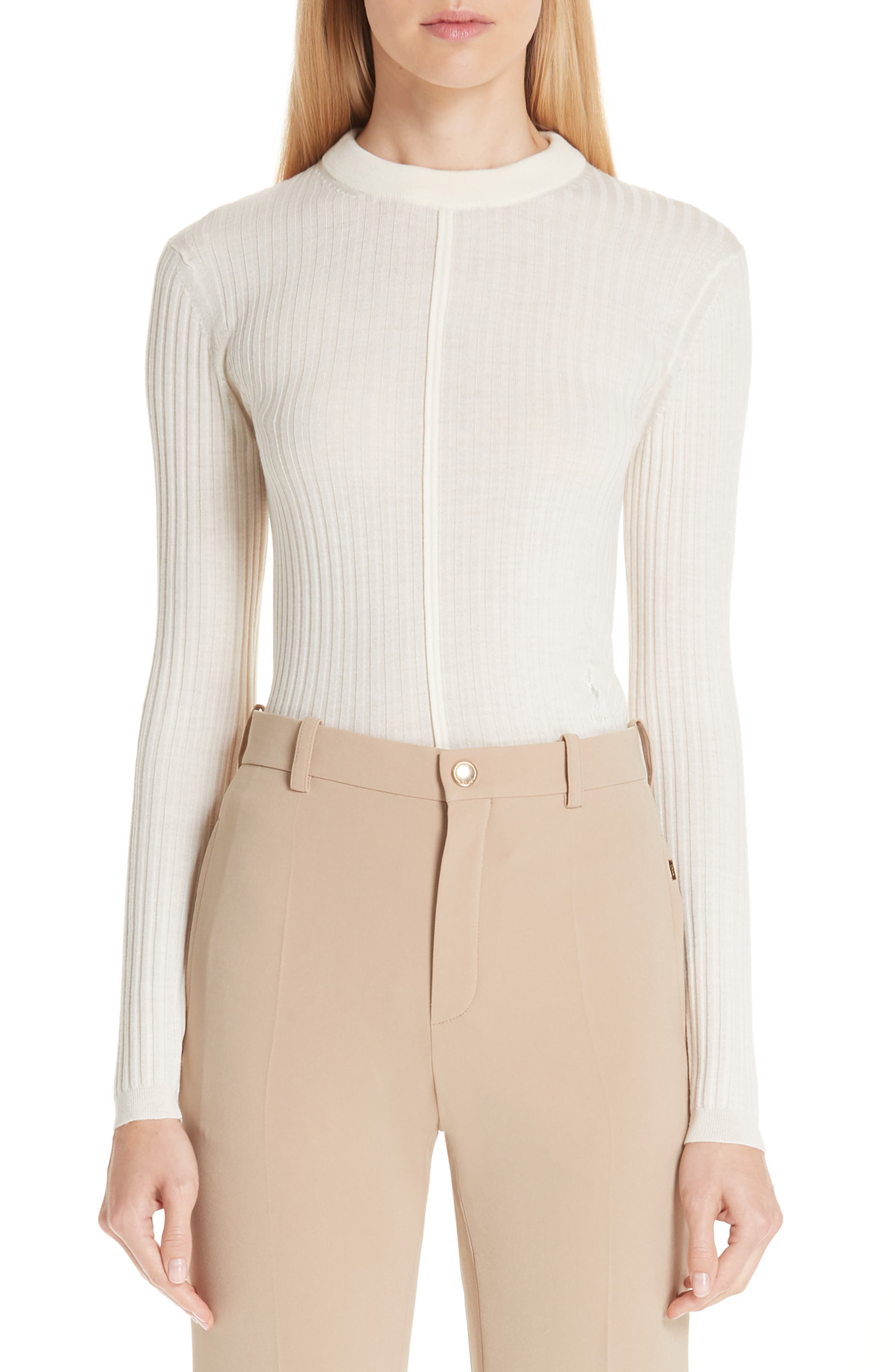 Chloe Fine Rib Wool Sweater, White