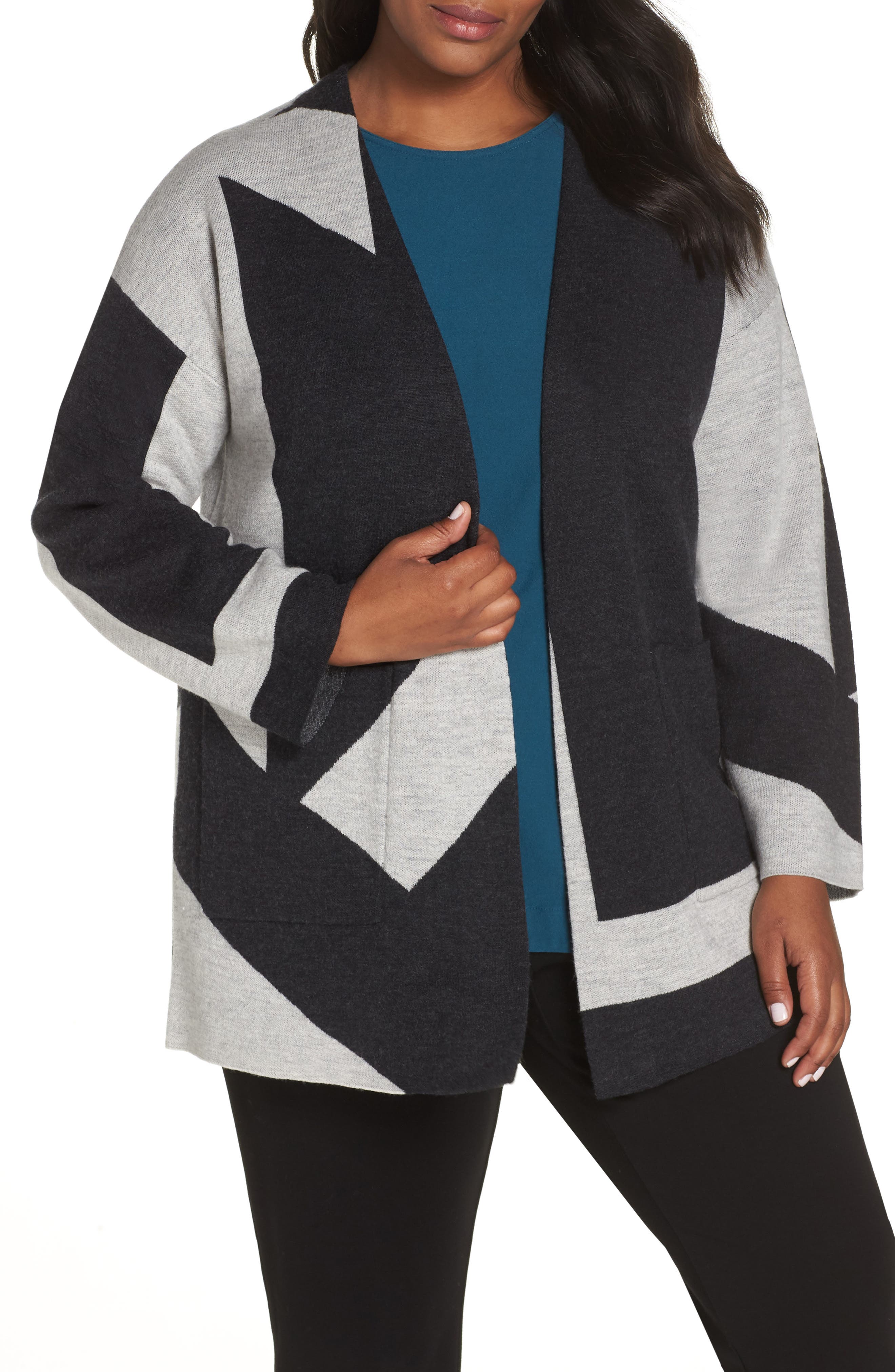 Plus Size Eileen Fisher Colorblock Merino Wool Kimono Cardigan, White