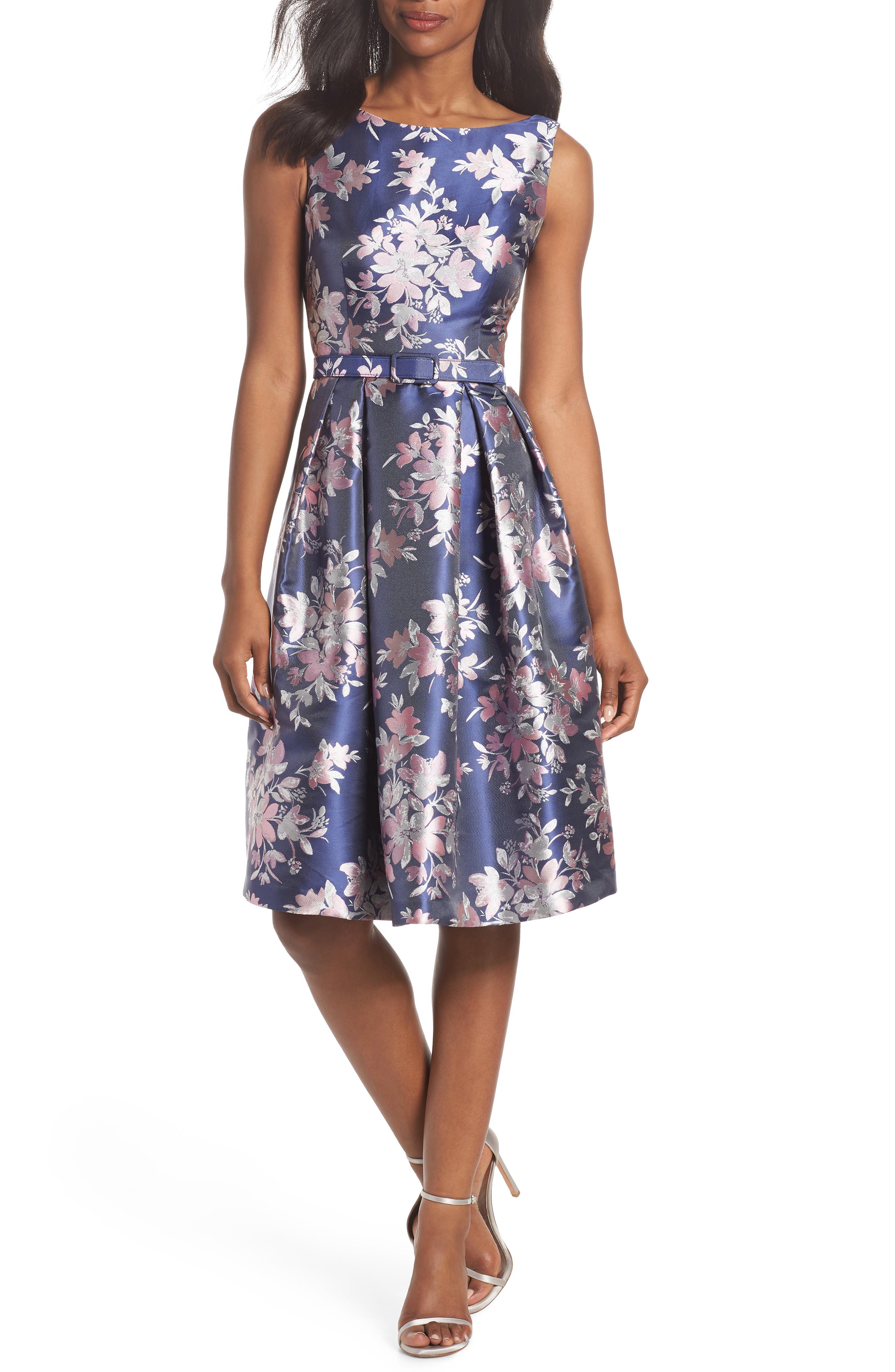 Eliza J Floral Jacquard Fit & Flare Dress, Blue