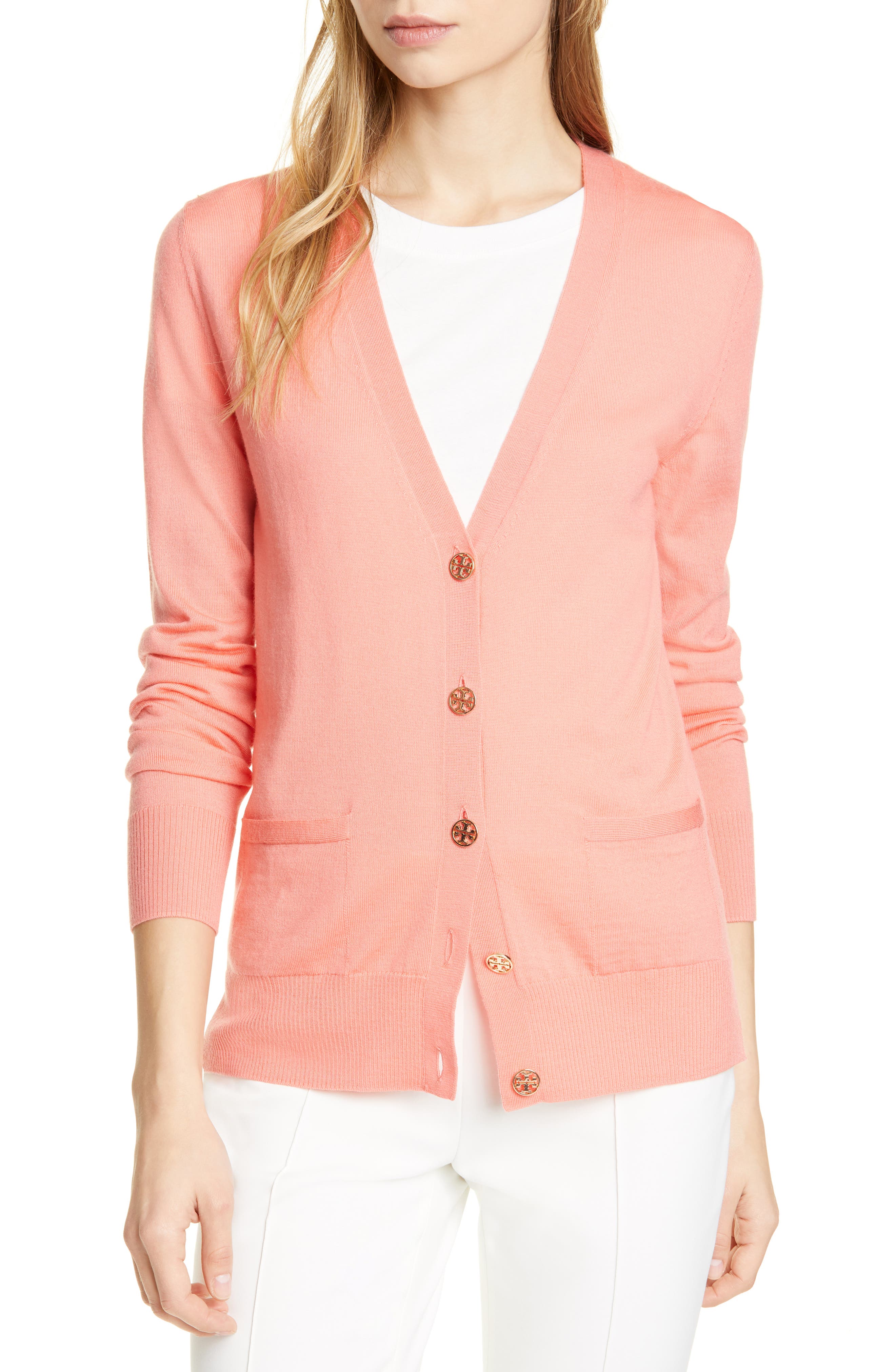 Tory Burch Madeline Merino Wool Cardigan, Coral