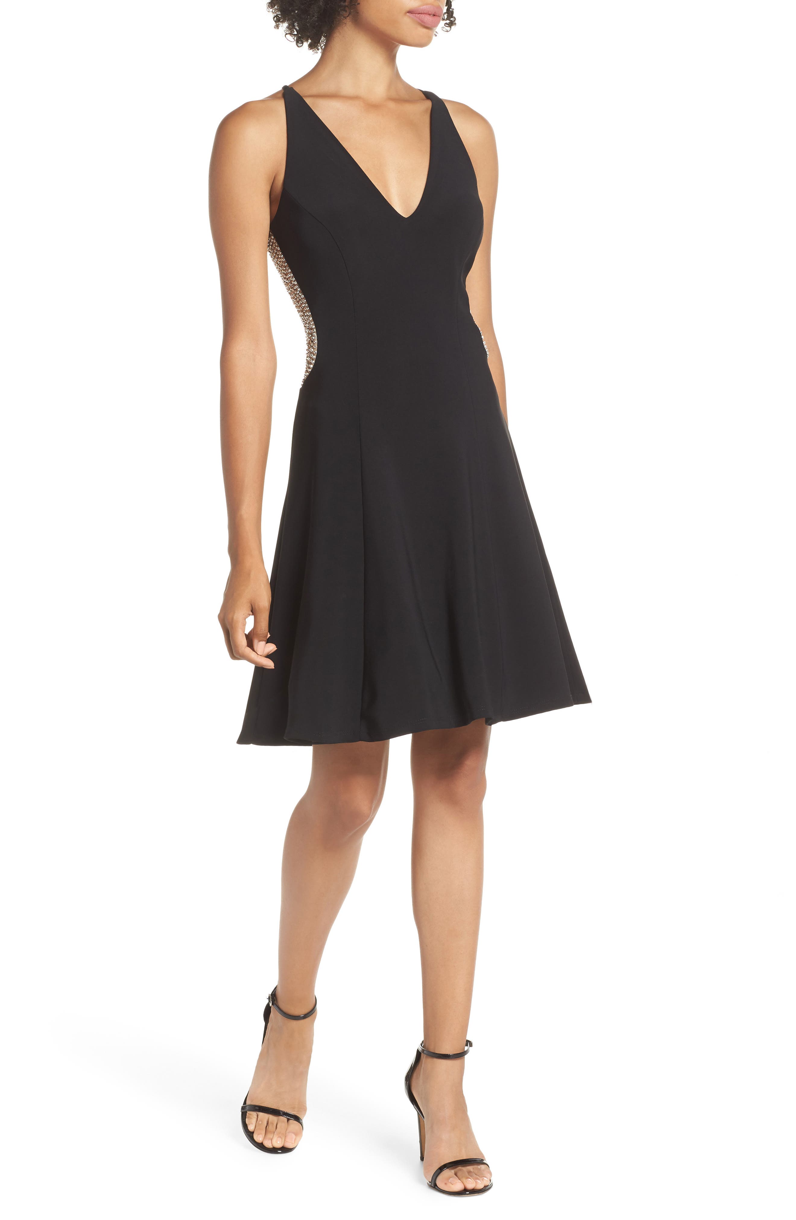 Xscape Deep V-Neck Skater Dress, Black