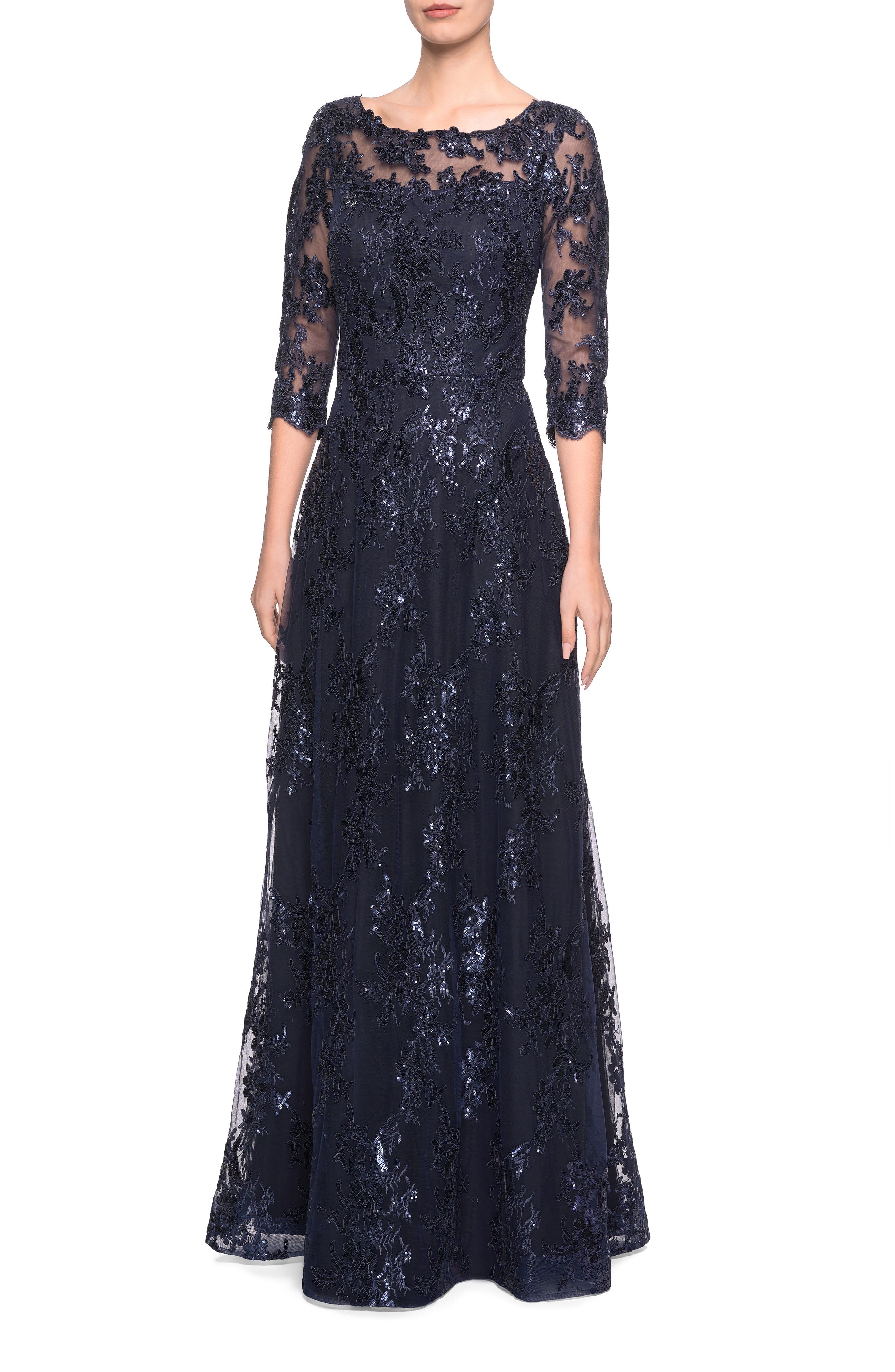 La Femme Shimmer Sequin Lace Evening Dress, Blue