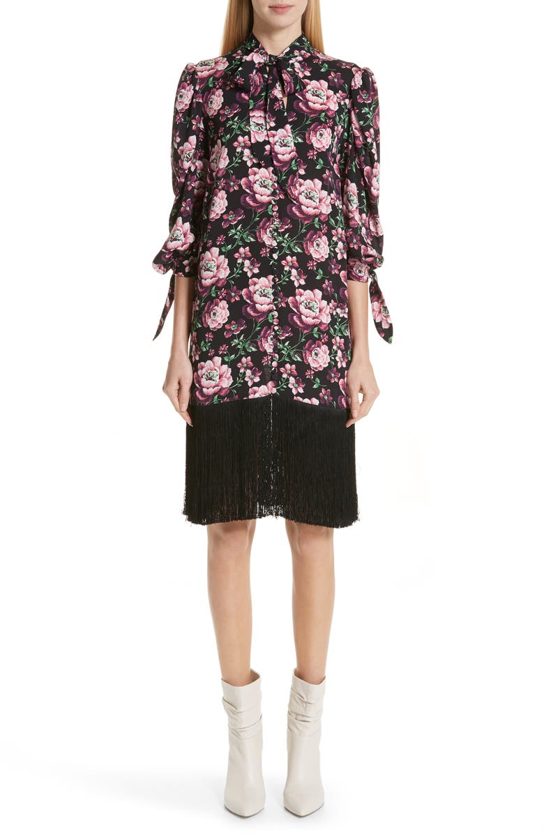 Gaza Floral Print Fringe Hem Silk Dress