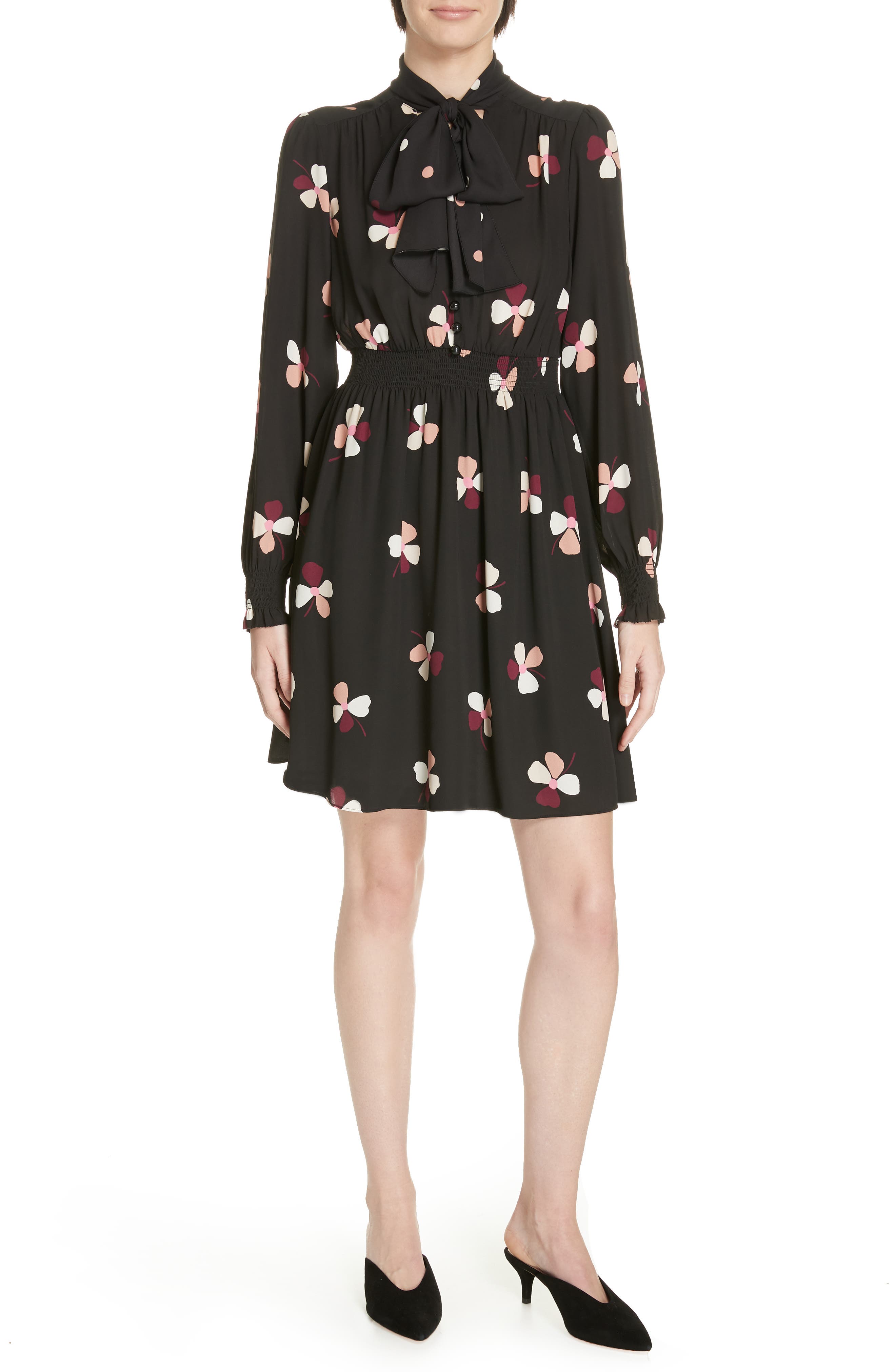Kate Spade New York Dusk Buds Print Tie Neck Dress, Black