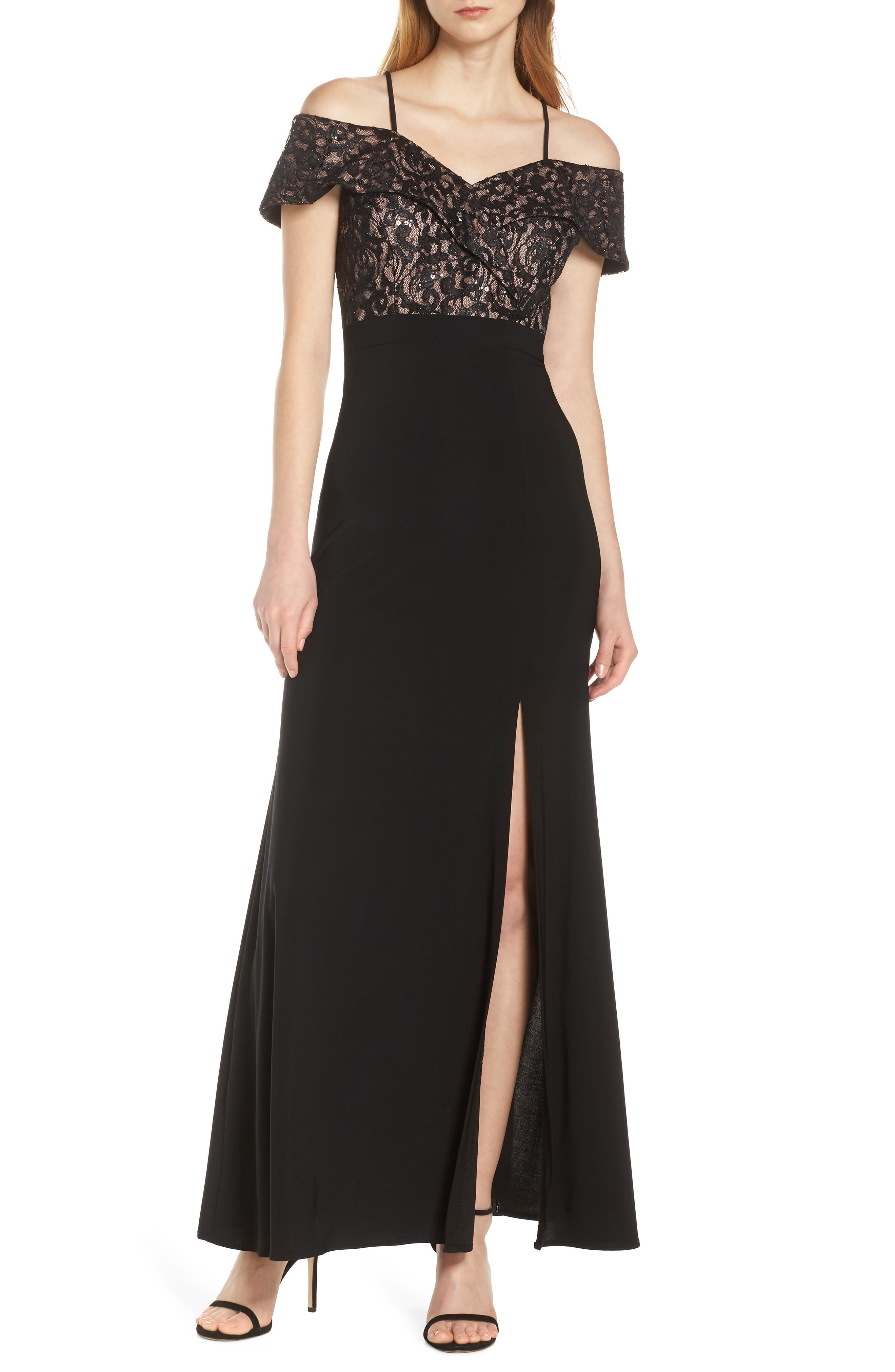 Morgan & Co. Cold Shoulder Lace Bodice Evening Dress, Black
