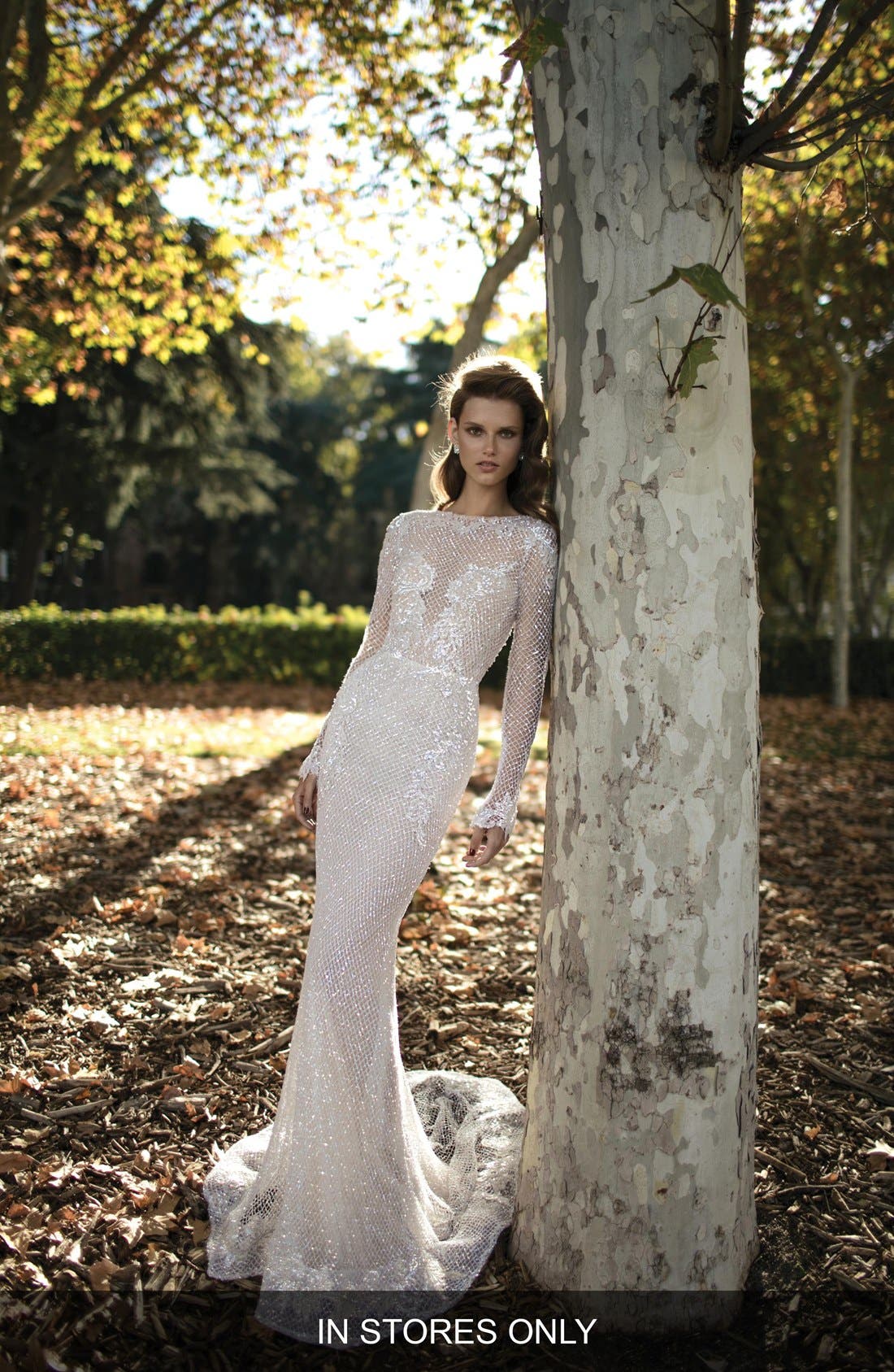 Berta Open Back Beaded Mesh Column Gown