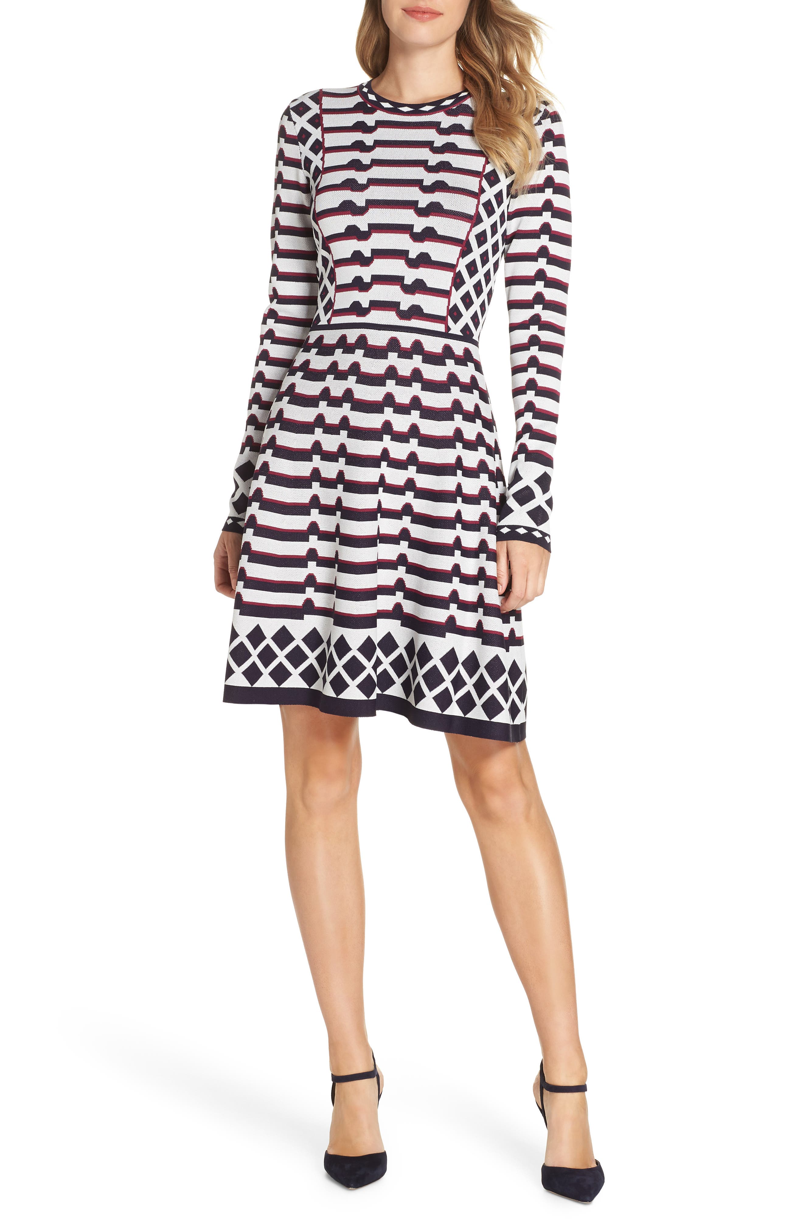 Petite Eliza J Artwork Jacquard Sweater Dress, Blue