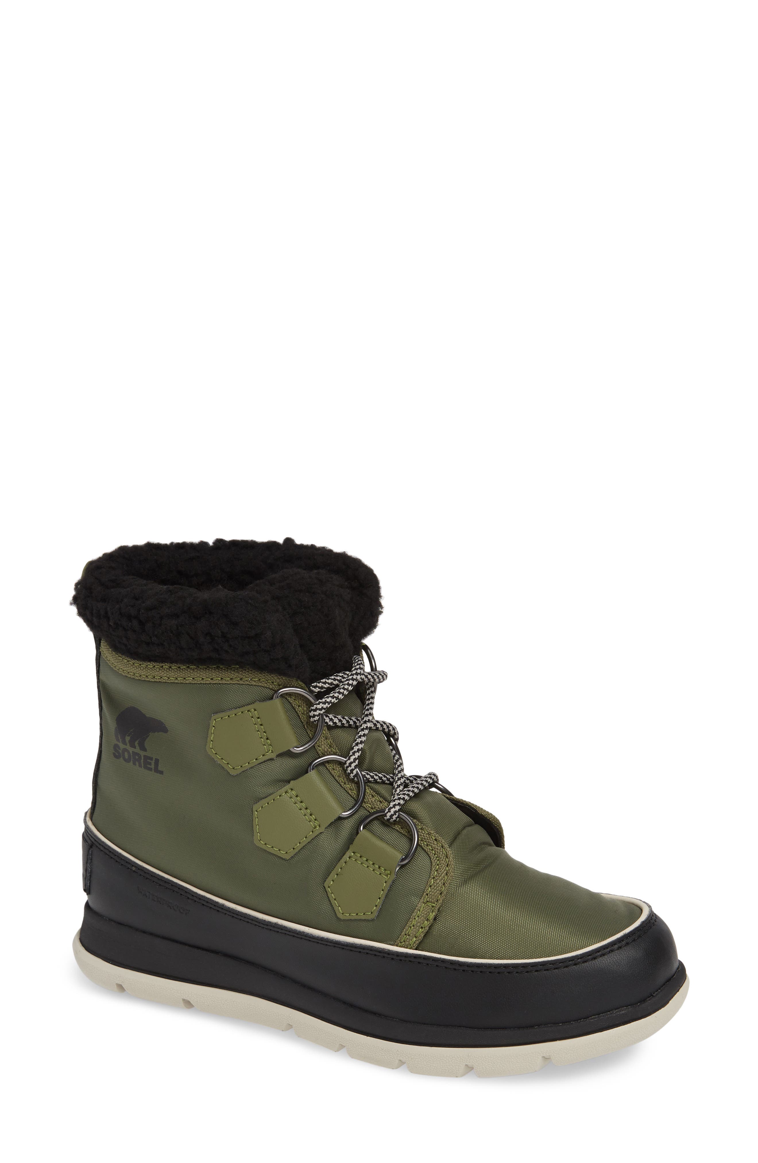 Sorel Explorer Carnival Waterproof Boot With Faux Fur Collar, Green