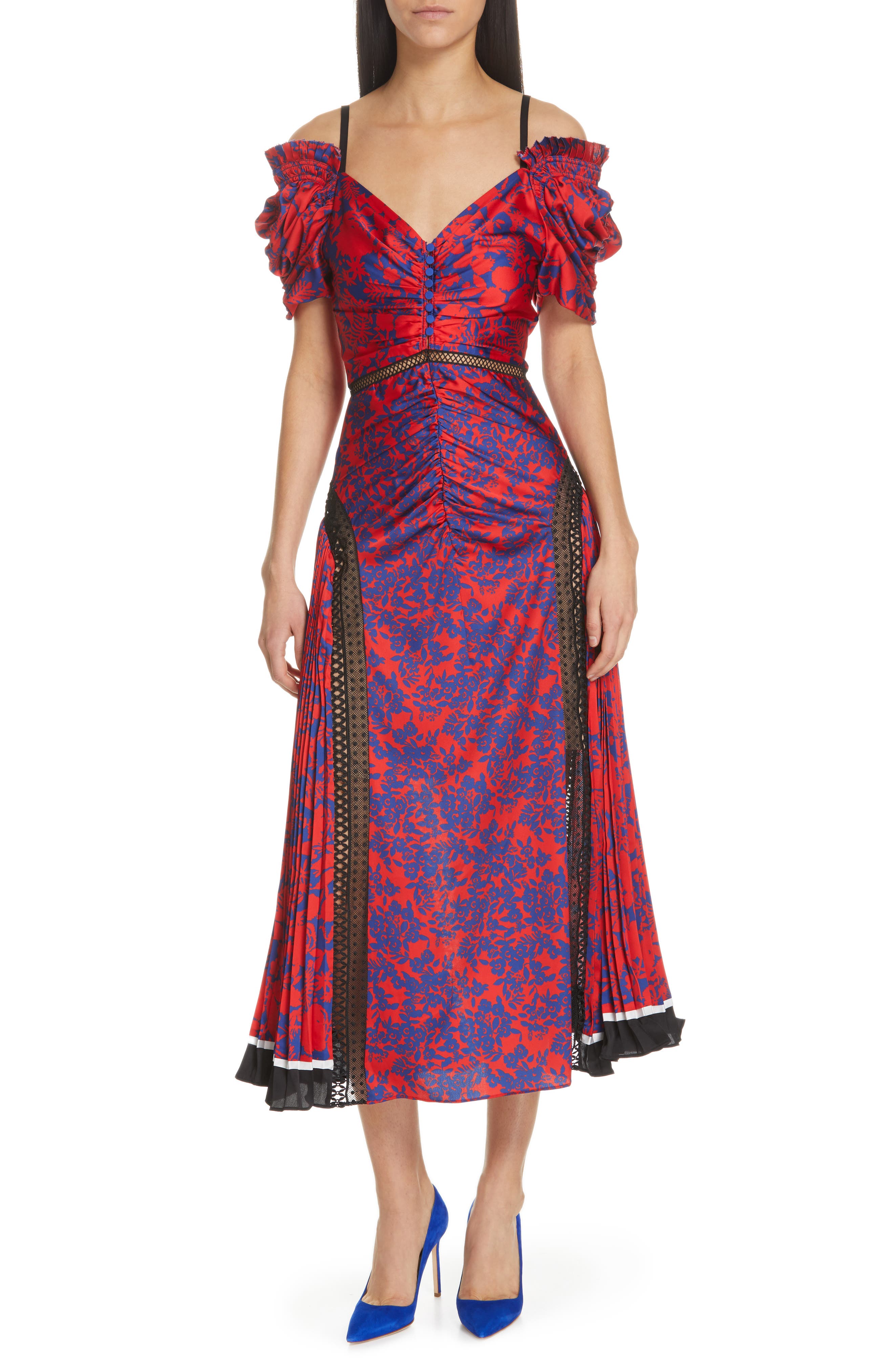 Self-Portrait Ruched & Pleated Floral Print Midi Dress, Red