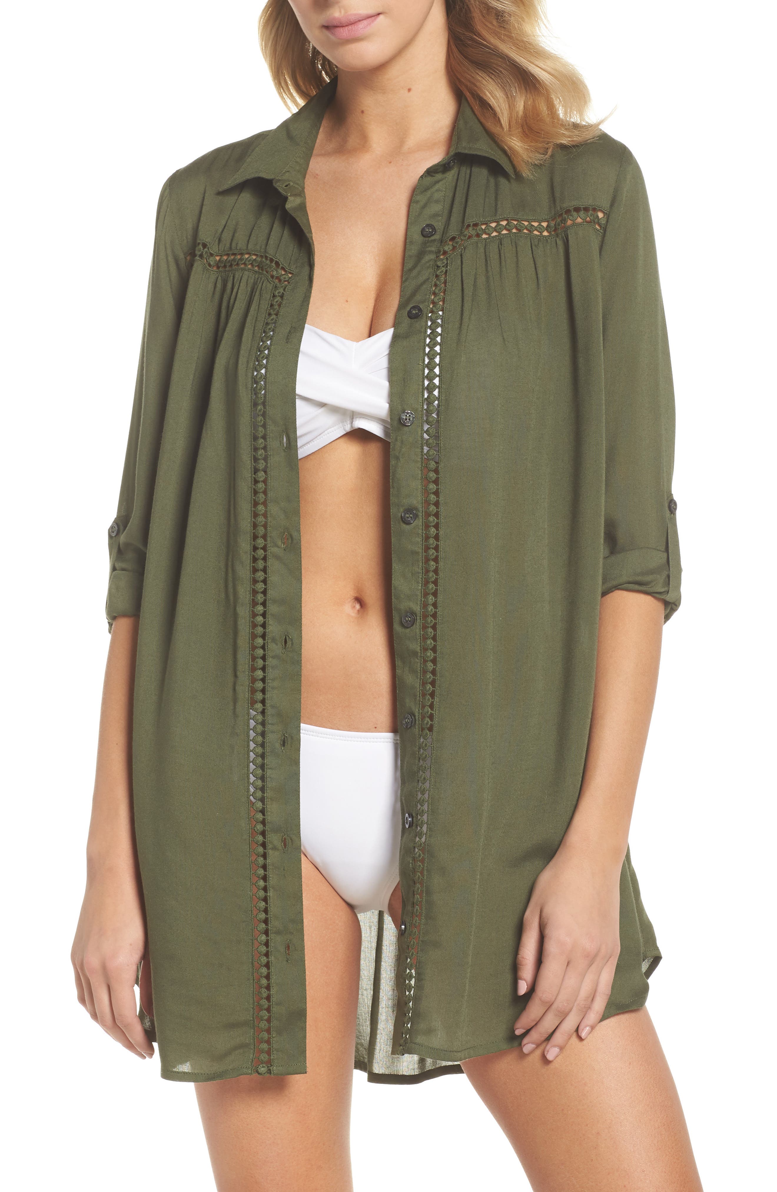 Tommy Bahama Crochet Boyfriend Shirt Cover-Up, Green