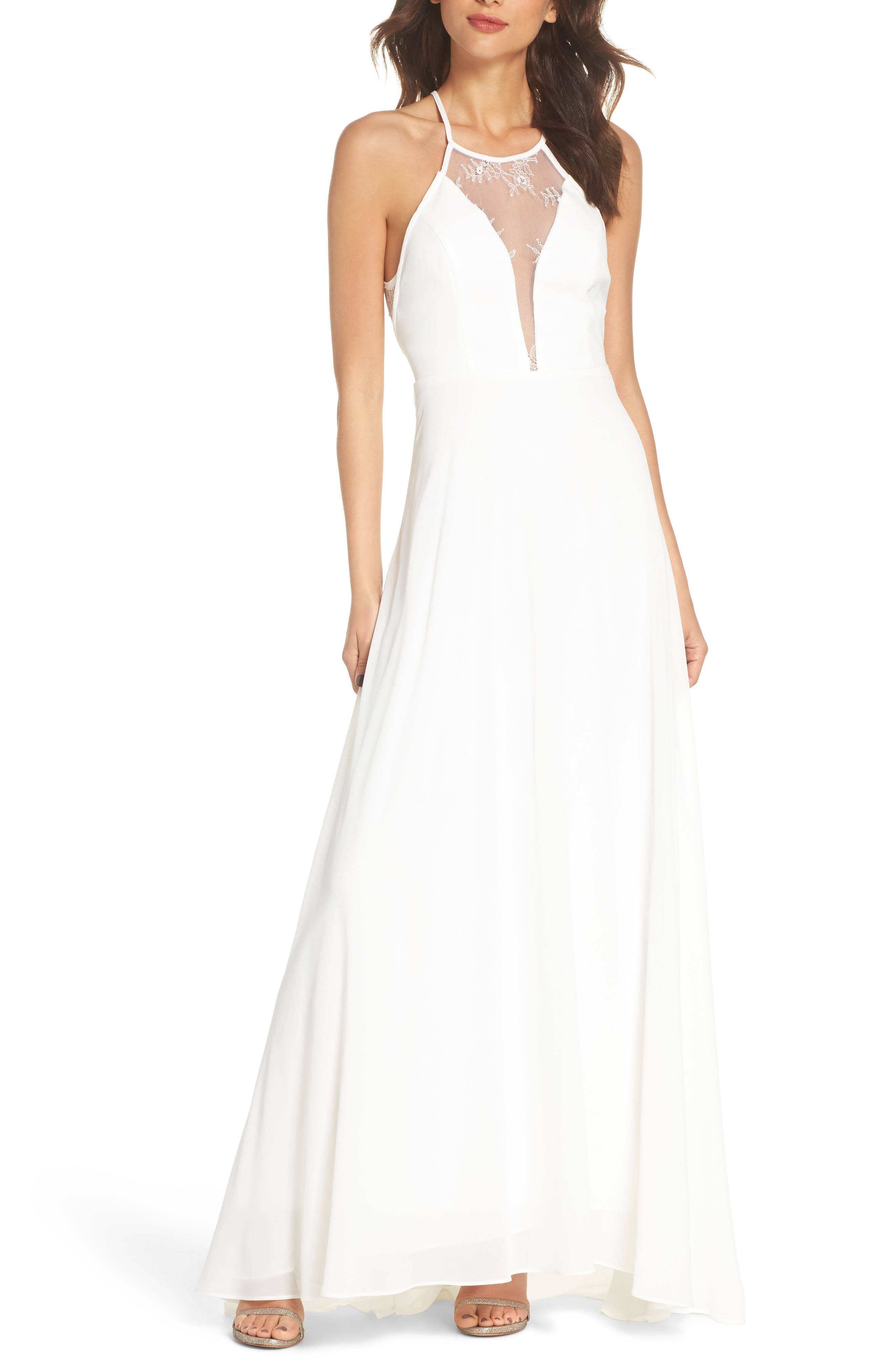 Lulus Lace Inset Halter Neck Gown, White