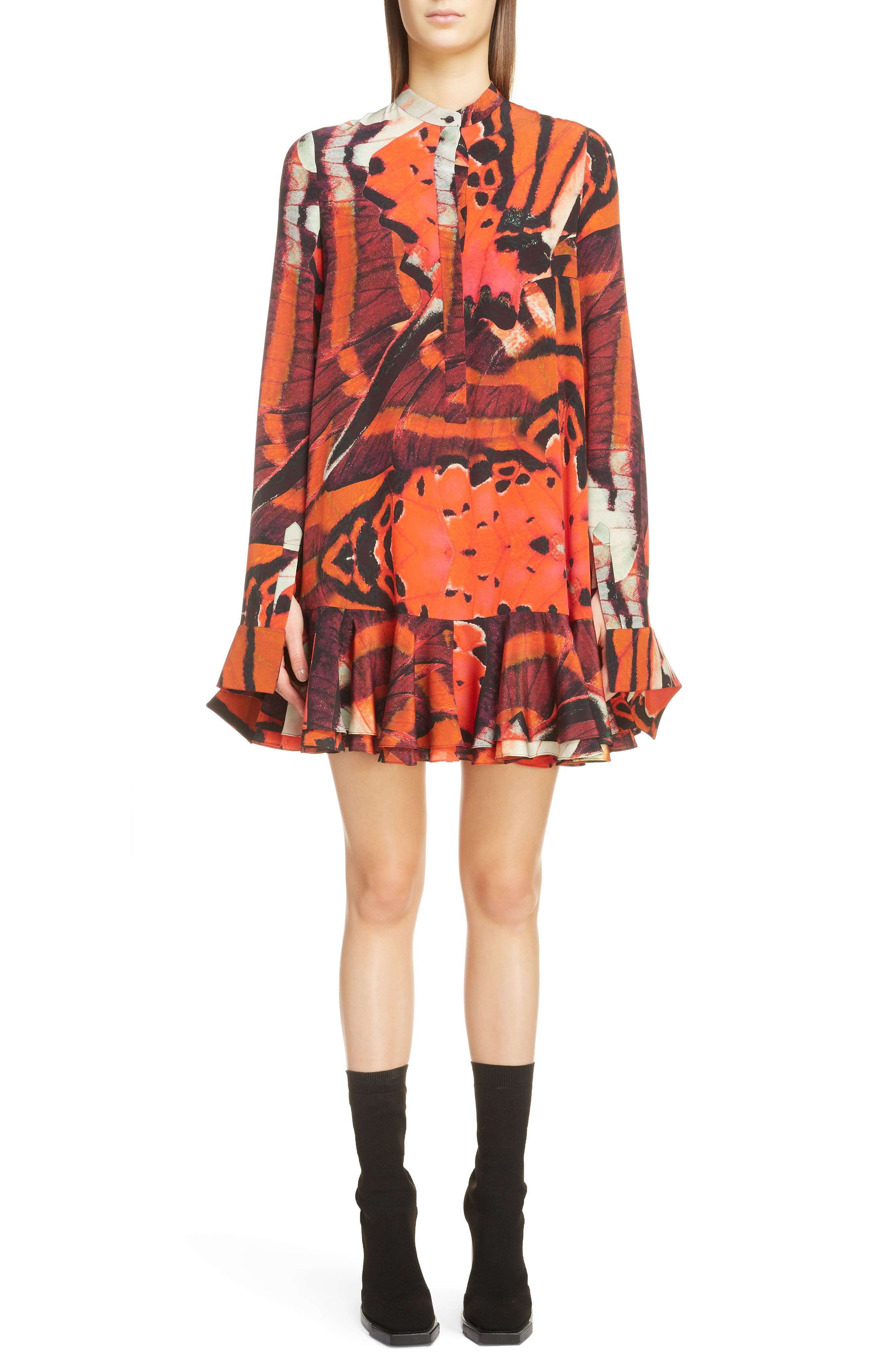 Alexander Mcqueen Butterfly Print Ruffle Hem Silk Dress, 6 IT - Red