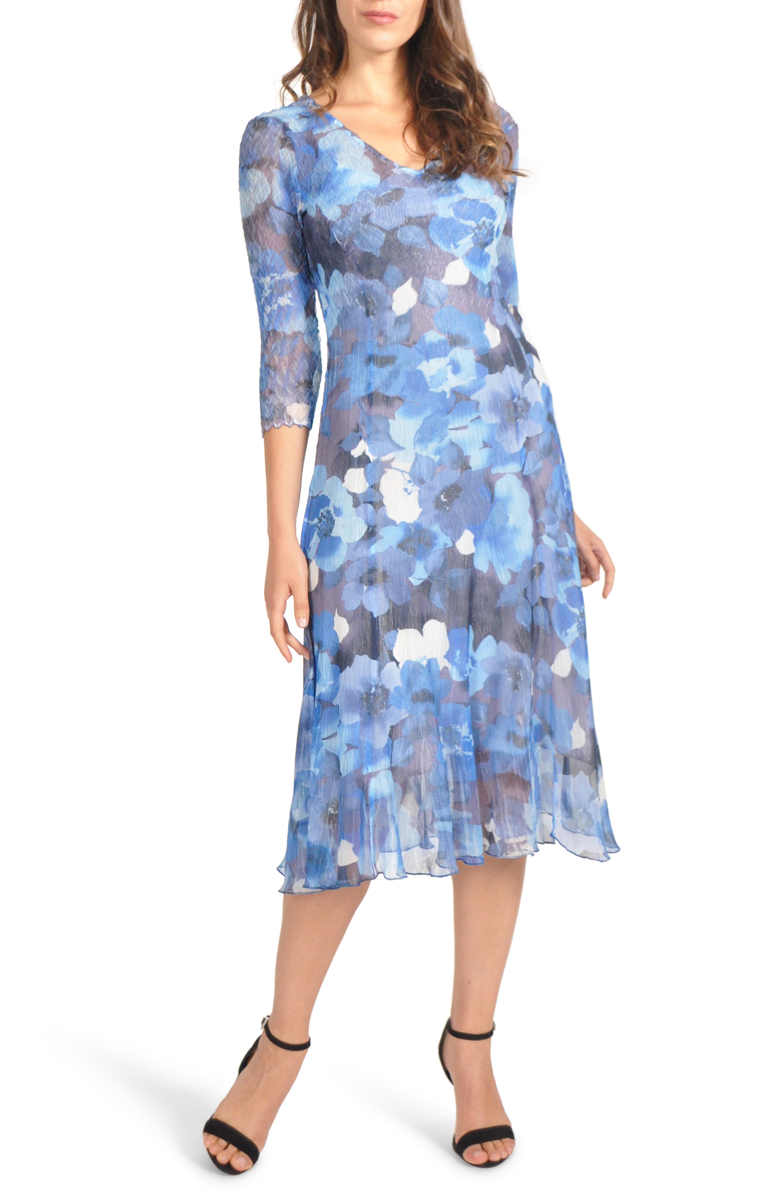 Petite Komarov Charmeuse & Chiffon Midi Dress, Blue