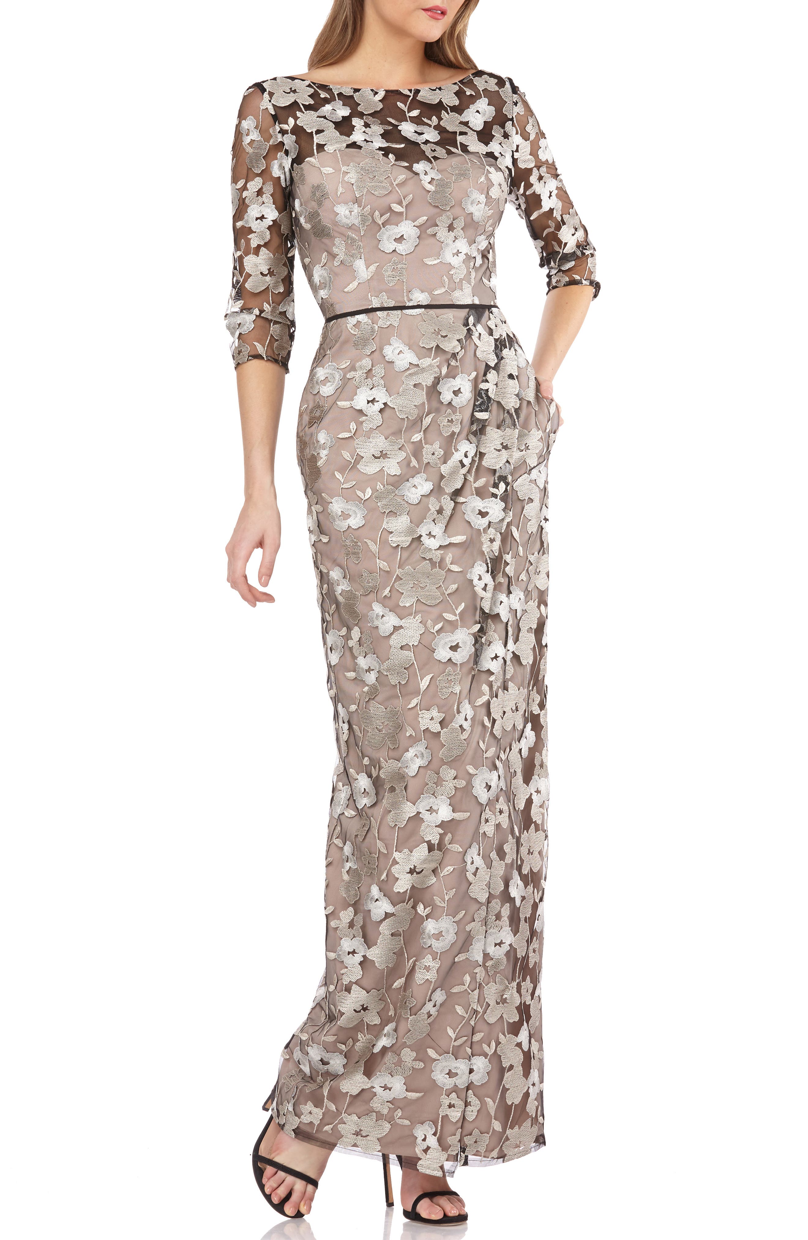 Js Collections Floral Embroidered Mesh Gown, Black