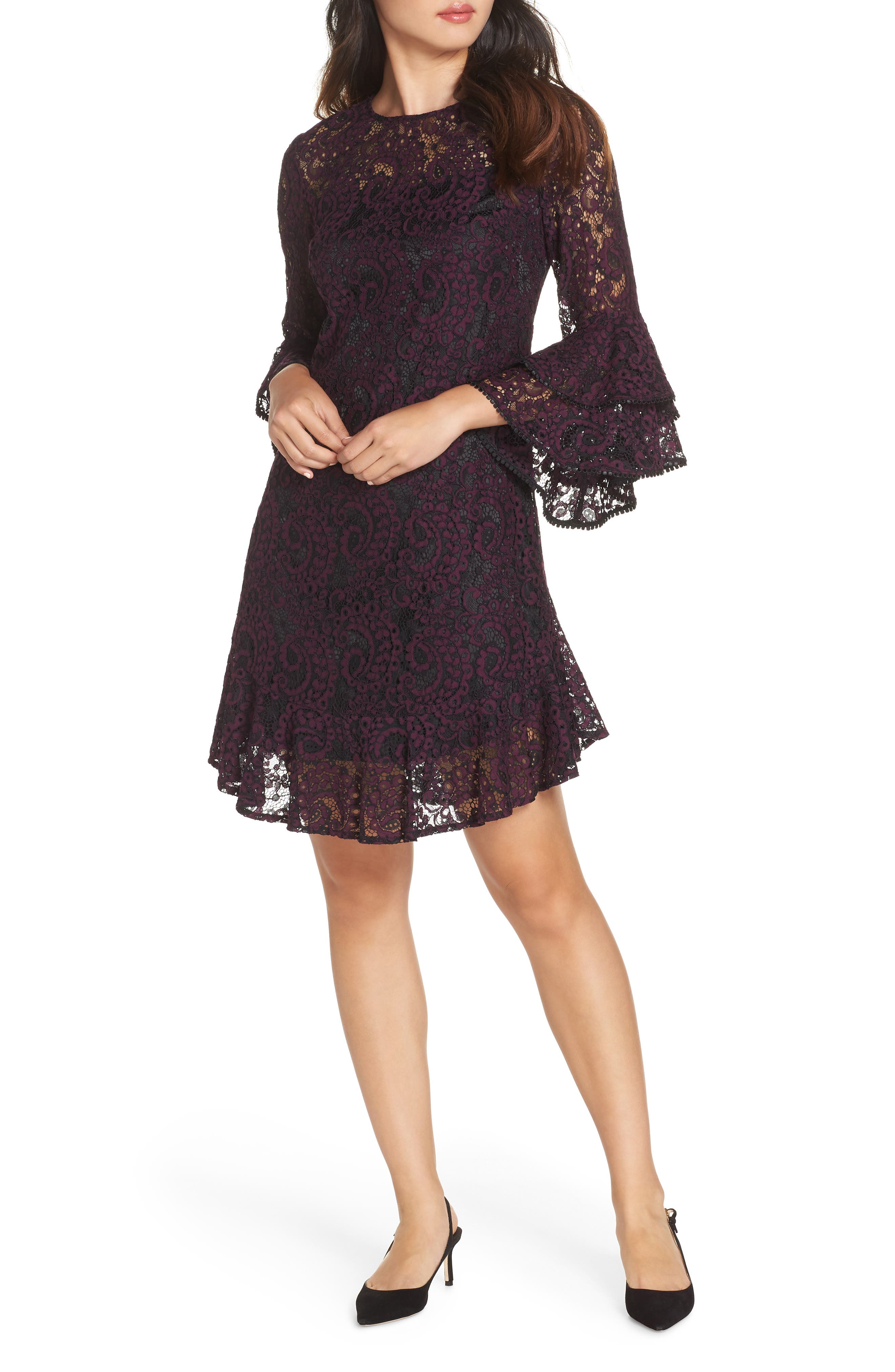 Eliza J Double Ruffle Lace Dress, Purple