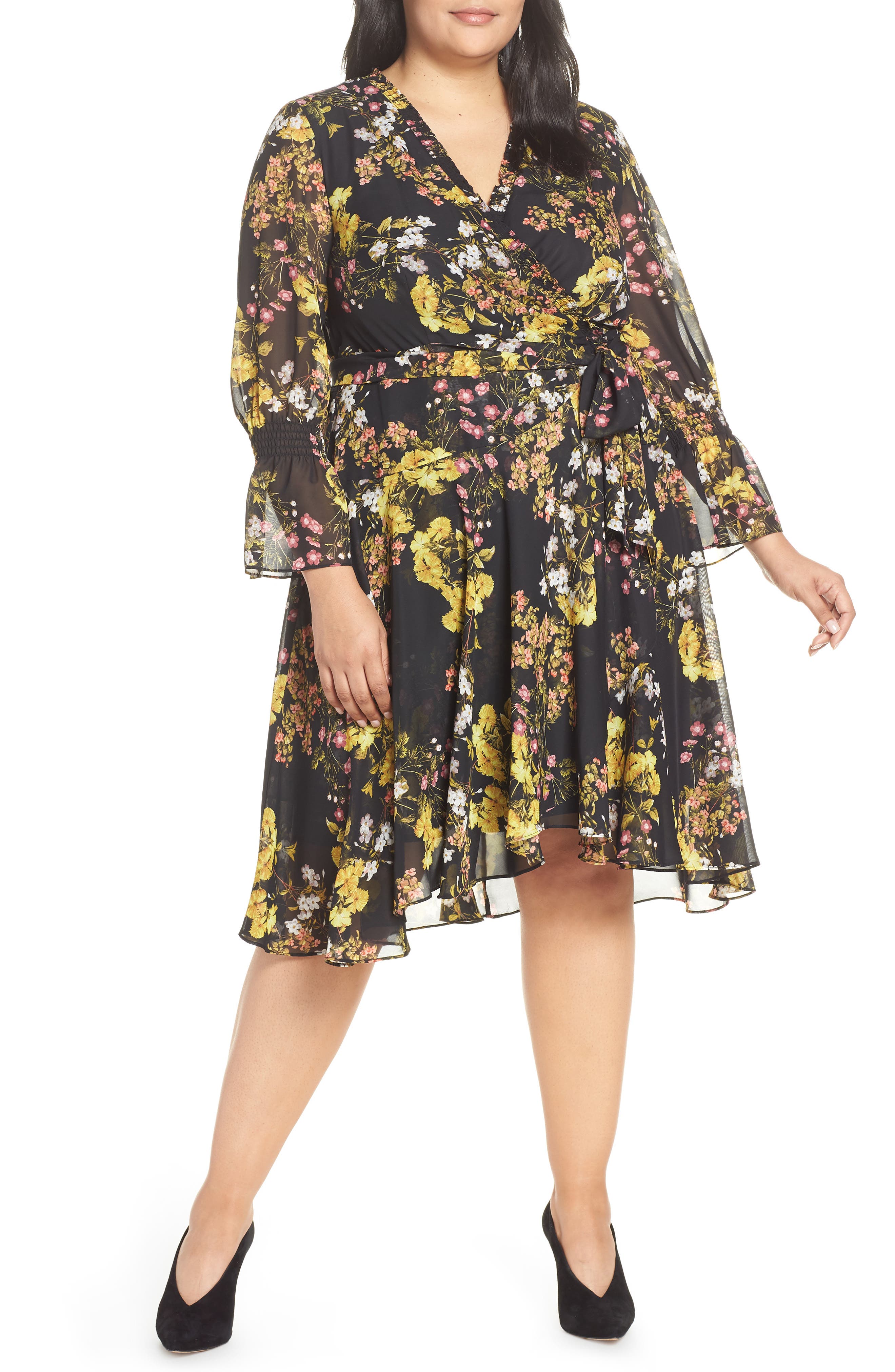 Plus Size Tahari Chiffon Tie Waist Dress, Black