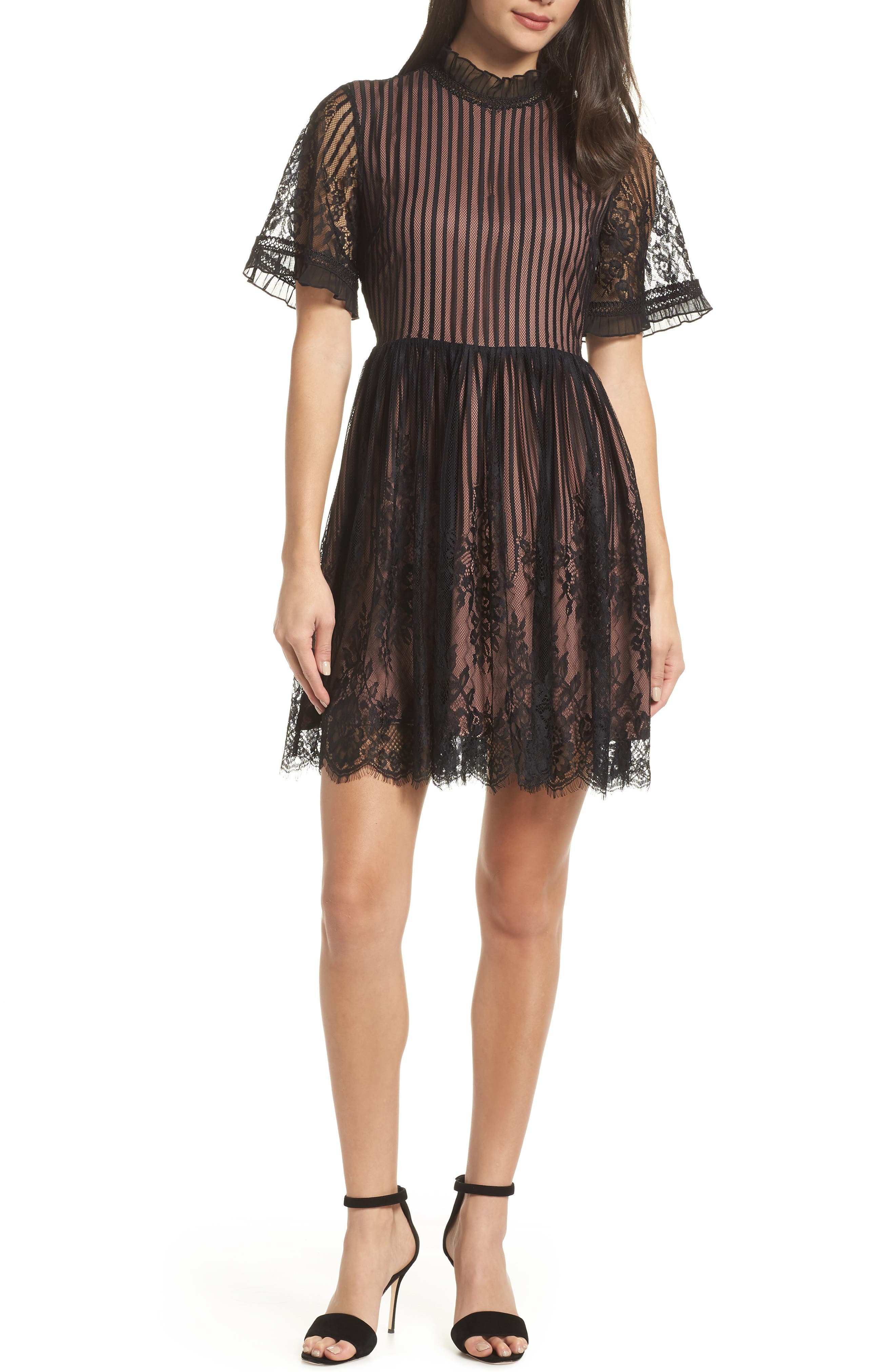 Chelsea28 Shadow Stripe Lace Dress, Black