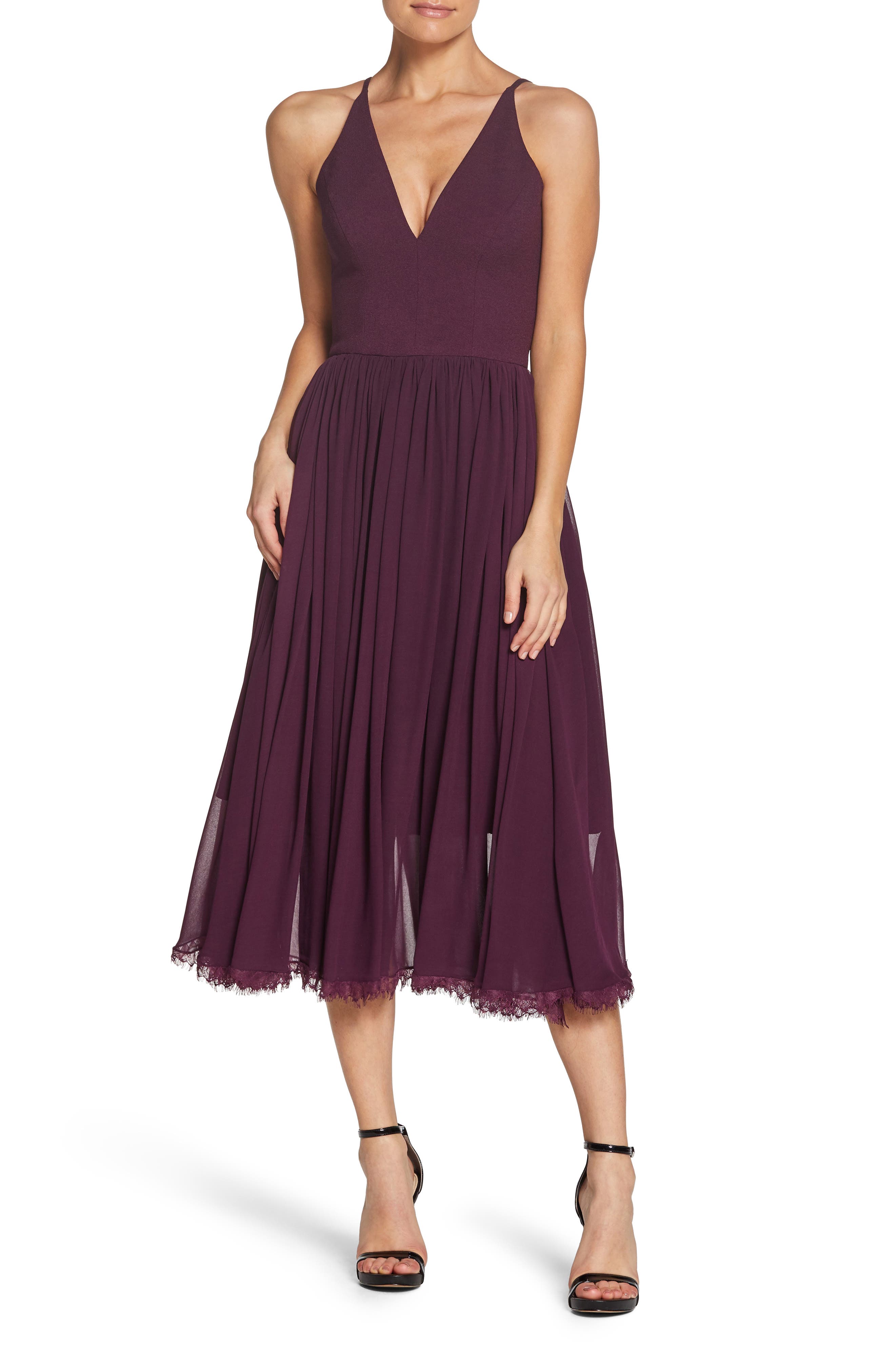 Dress The Population Alicia Mixed Media Midi Dress, Purple