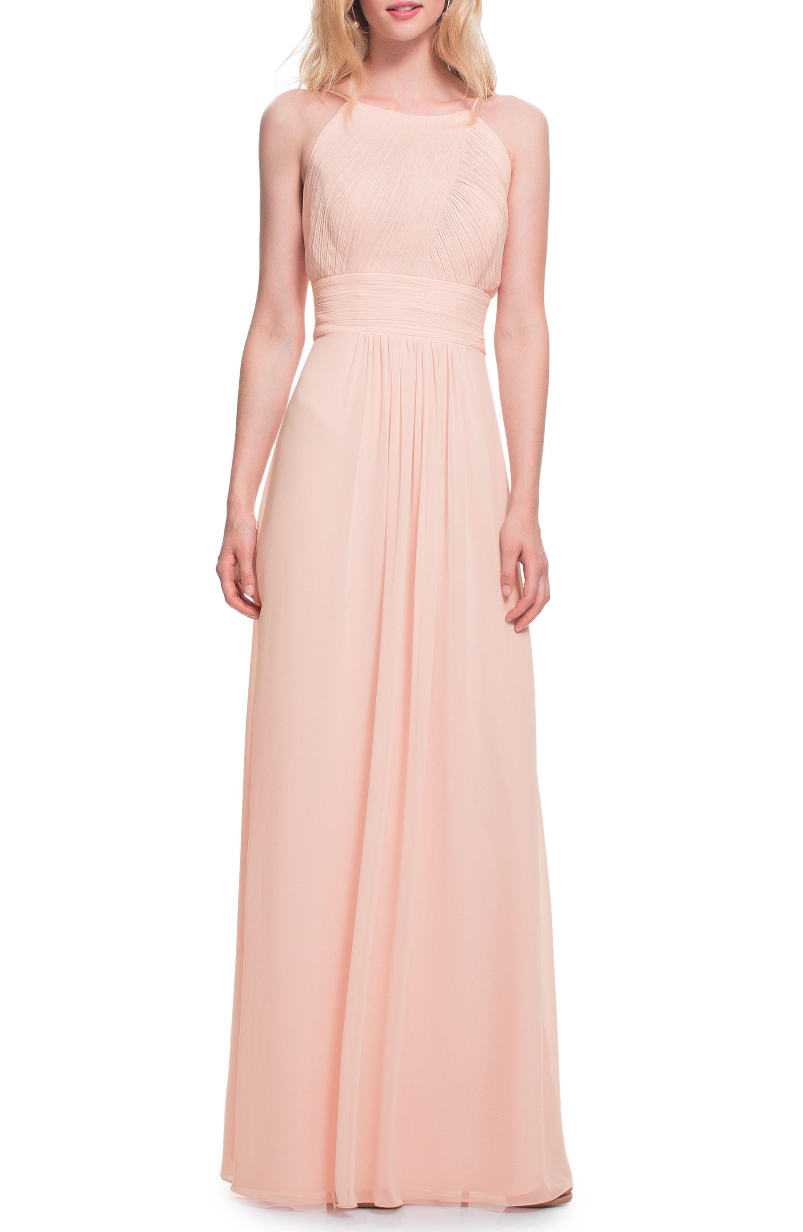 #levkoff Low Back Pleated Chiffon Gown, Pink