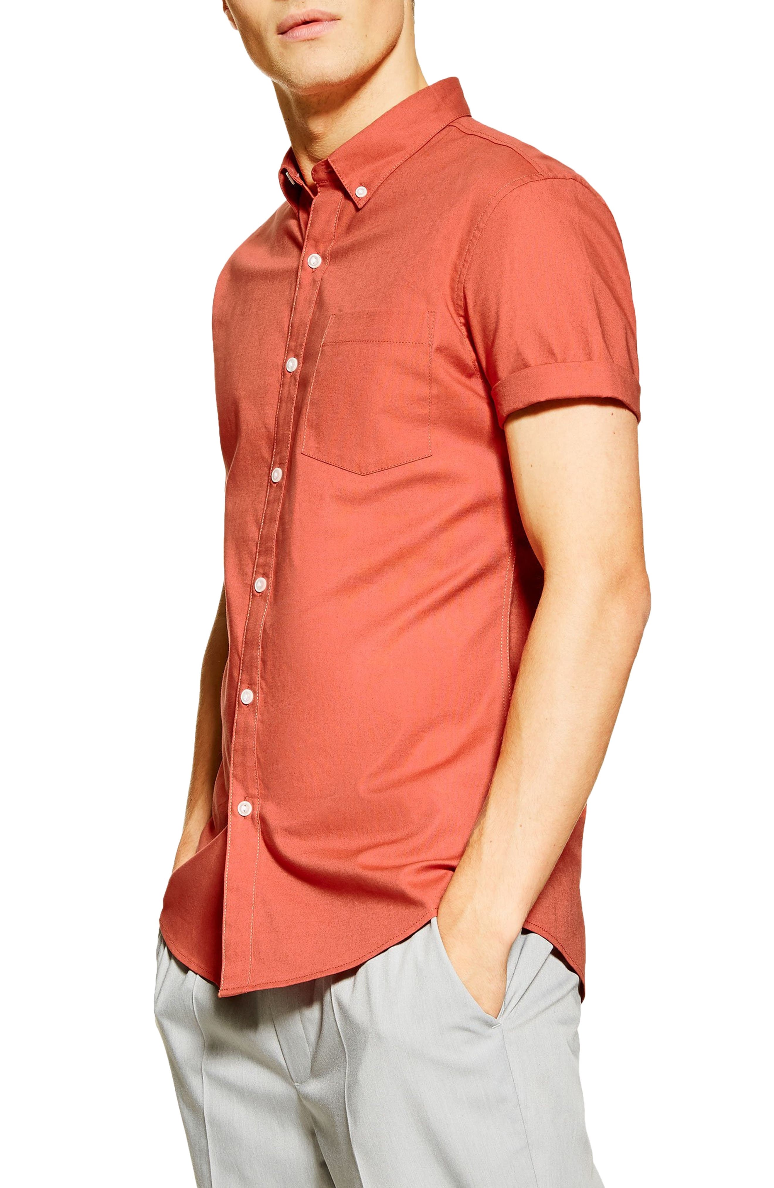 Topman Stretch Solid Sport Shirt, Brown