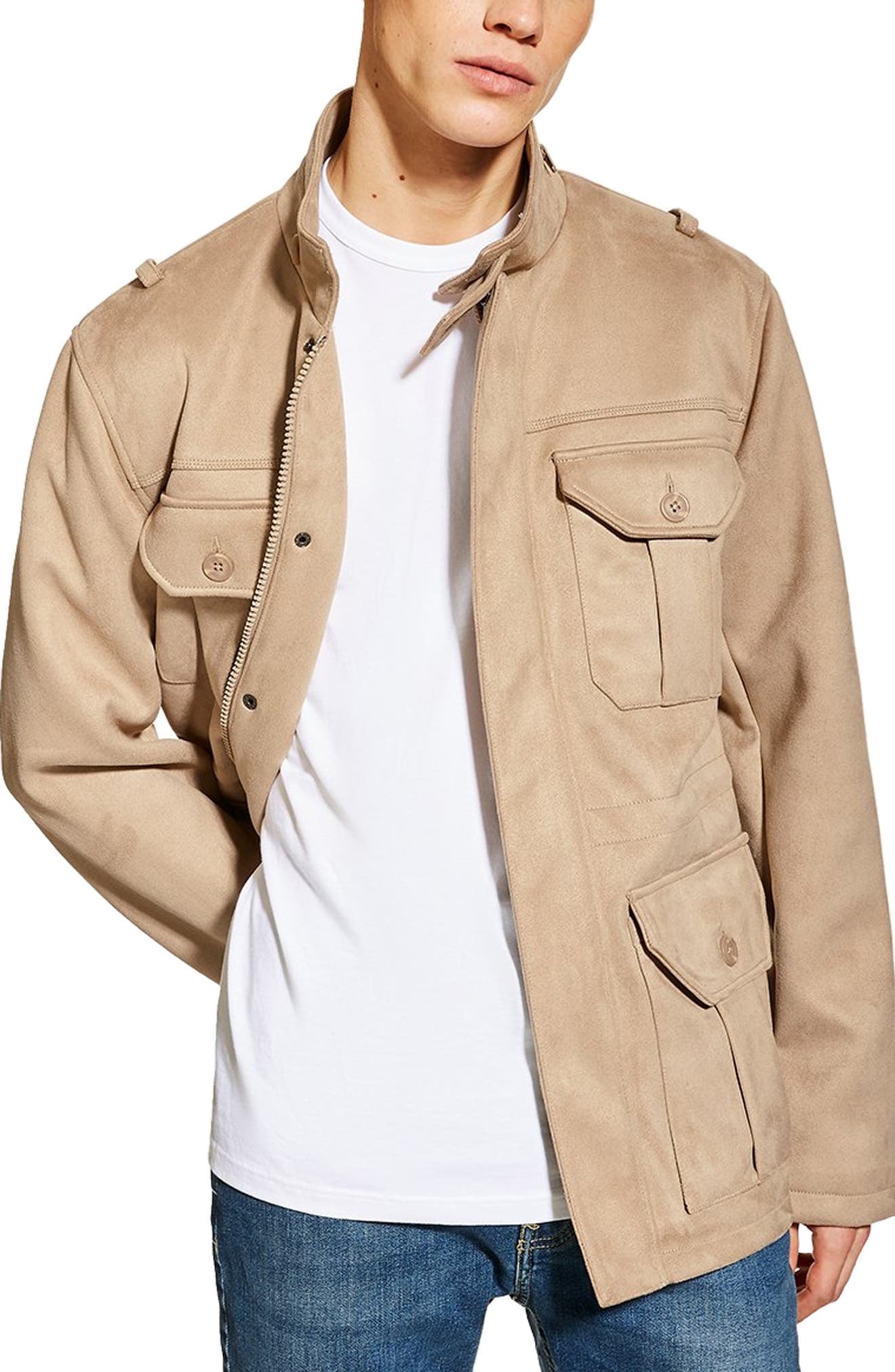 Topman Faux Suede Field Jacket, Beige