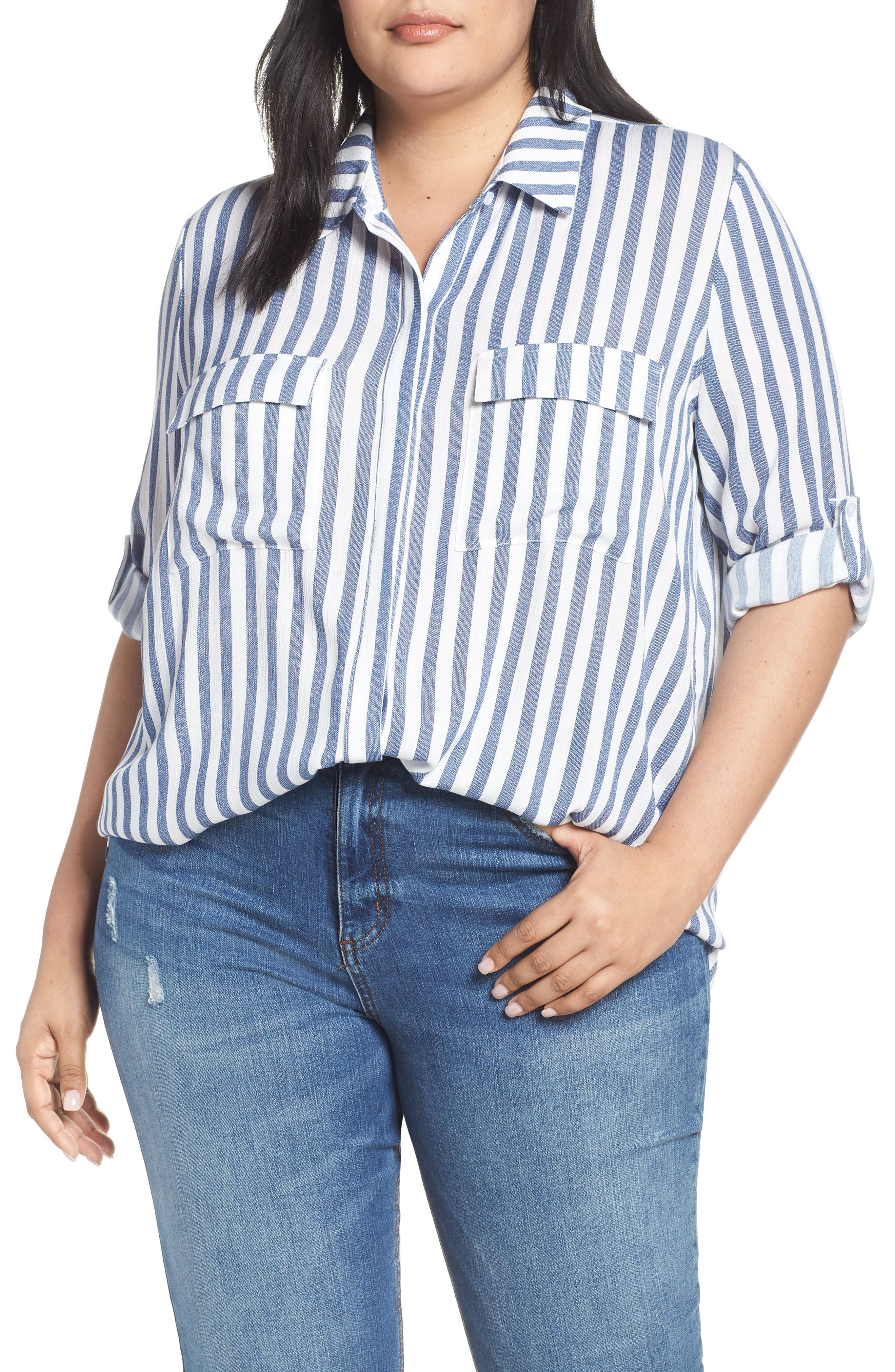Plus Size Gibson X Hi Sugarplum! Scottsdale Oversize Button Down Tunic, Blue