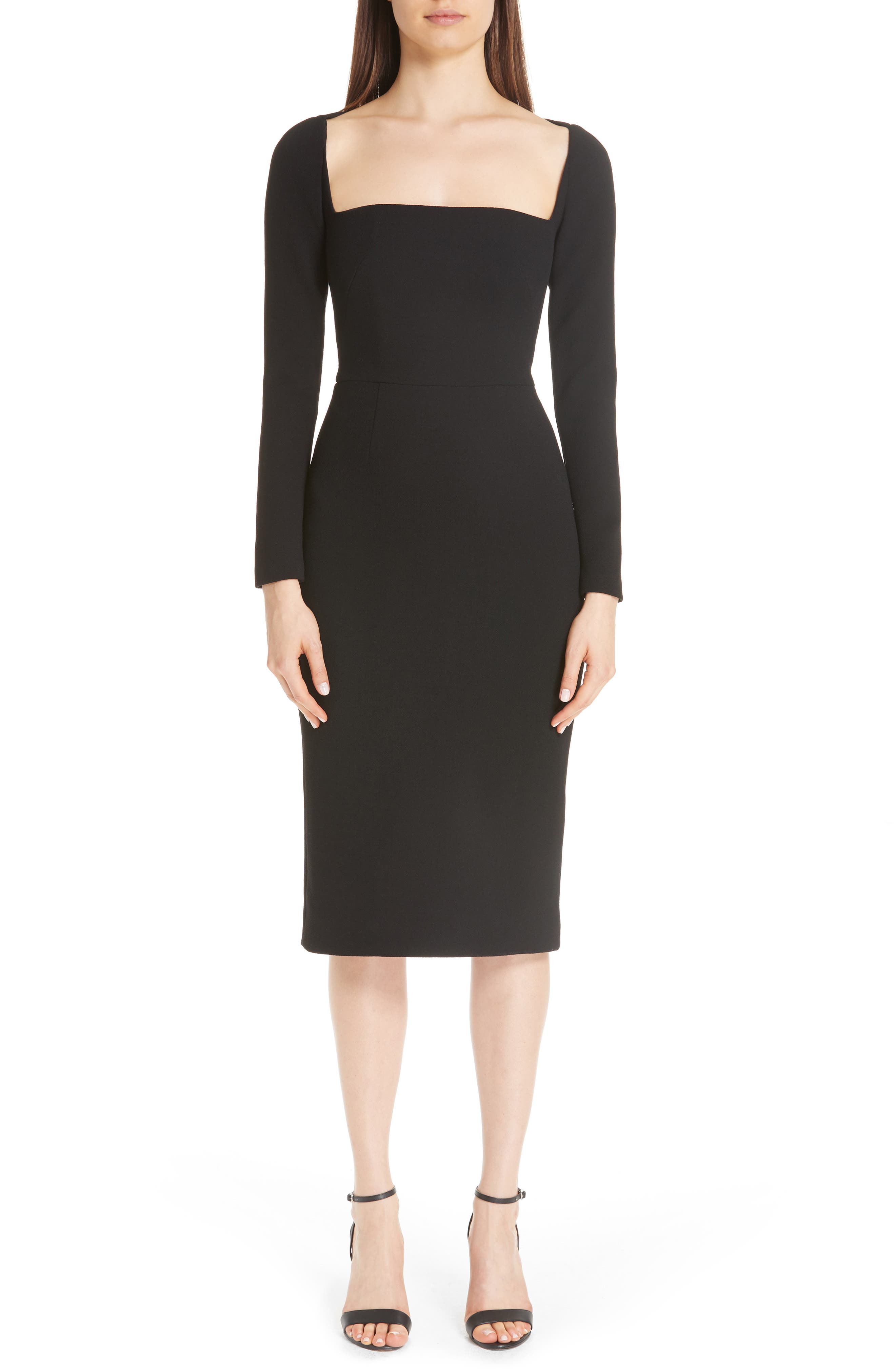 Lela Rose Square Neck Wool Blend Crepe Sheath Dress, Black