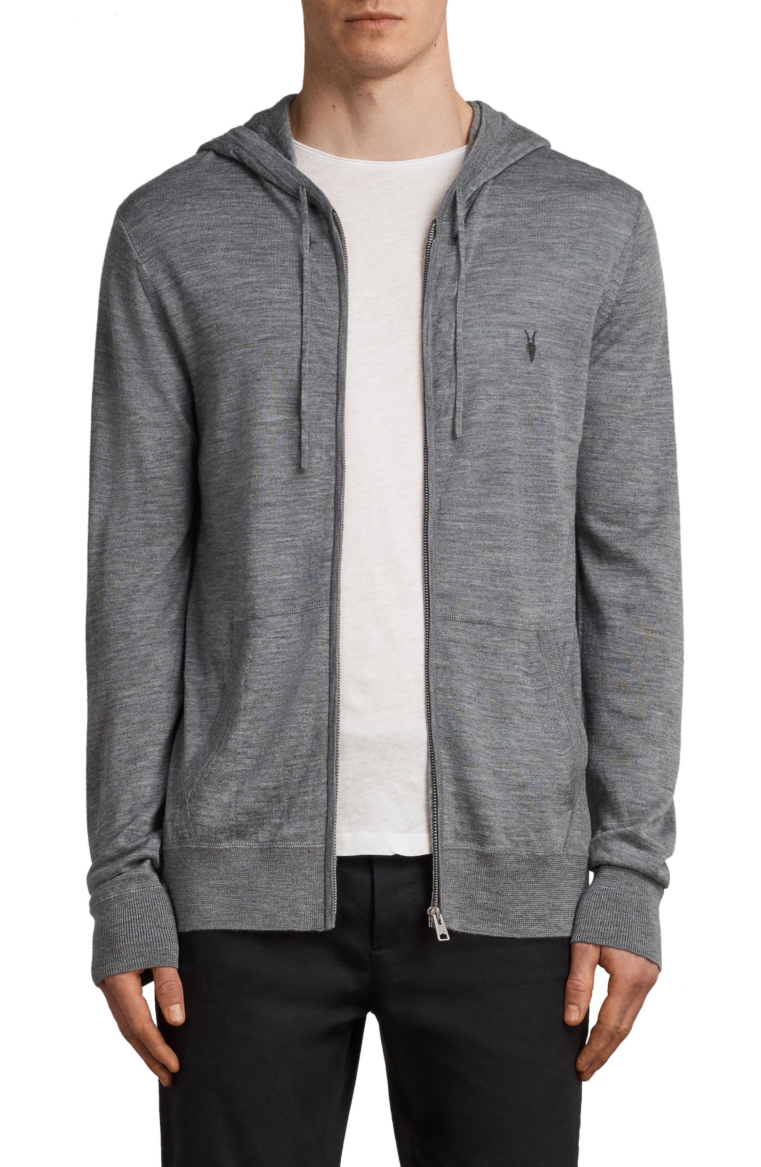 Allsaints Mode Slim Fit Merino Wool Zip Hoodie, Grey
