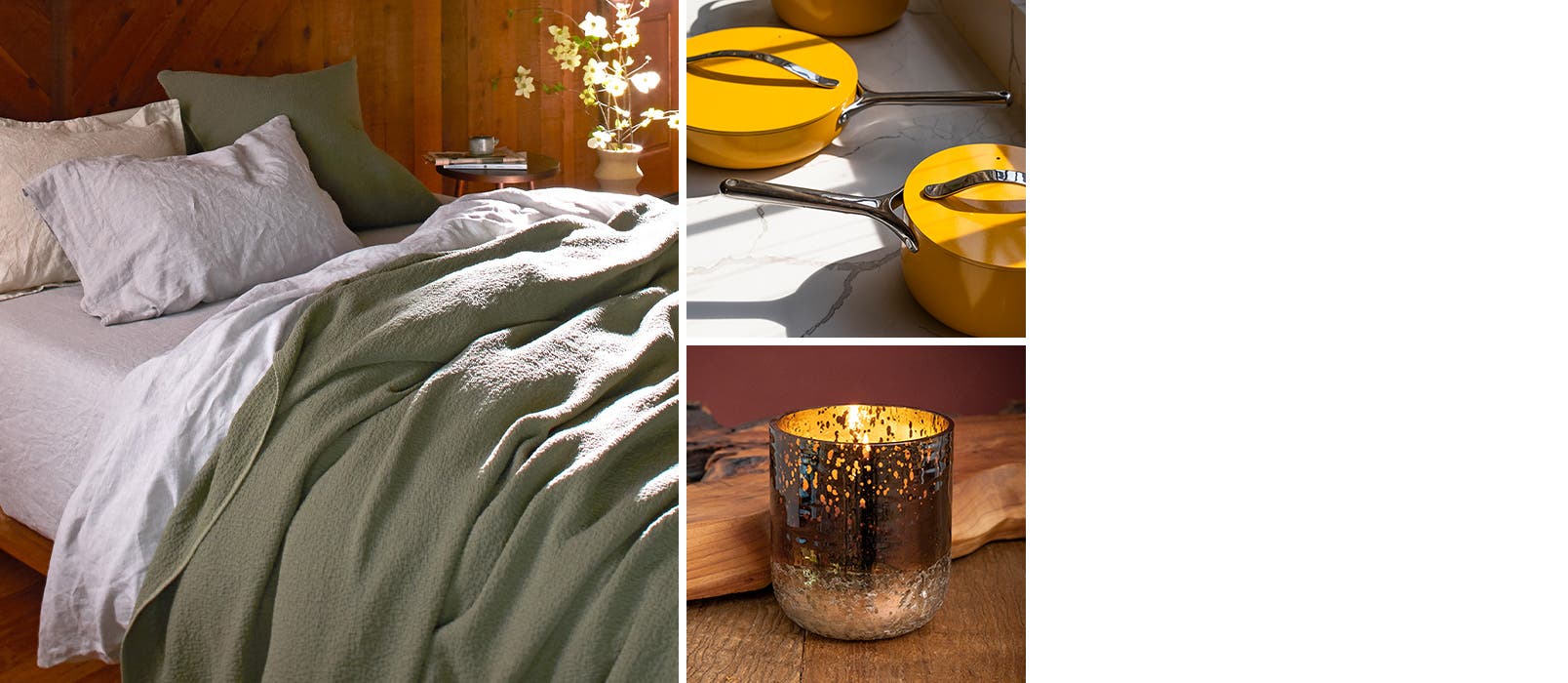 Coyuchi bedding, CARAWAY cookware and ILLUME candle.