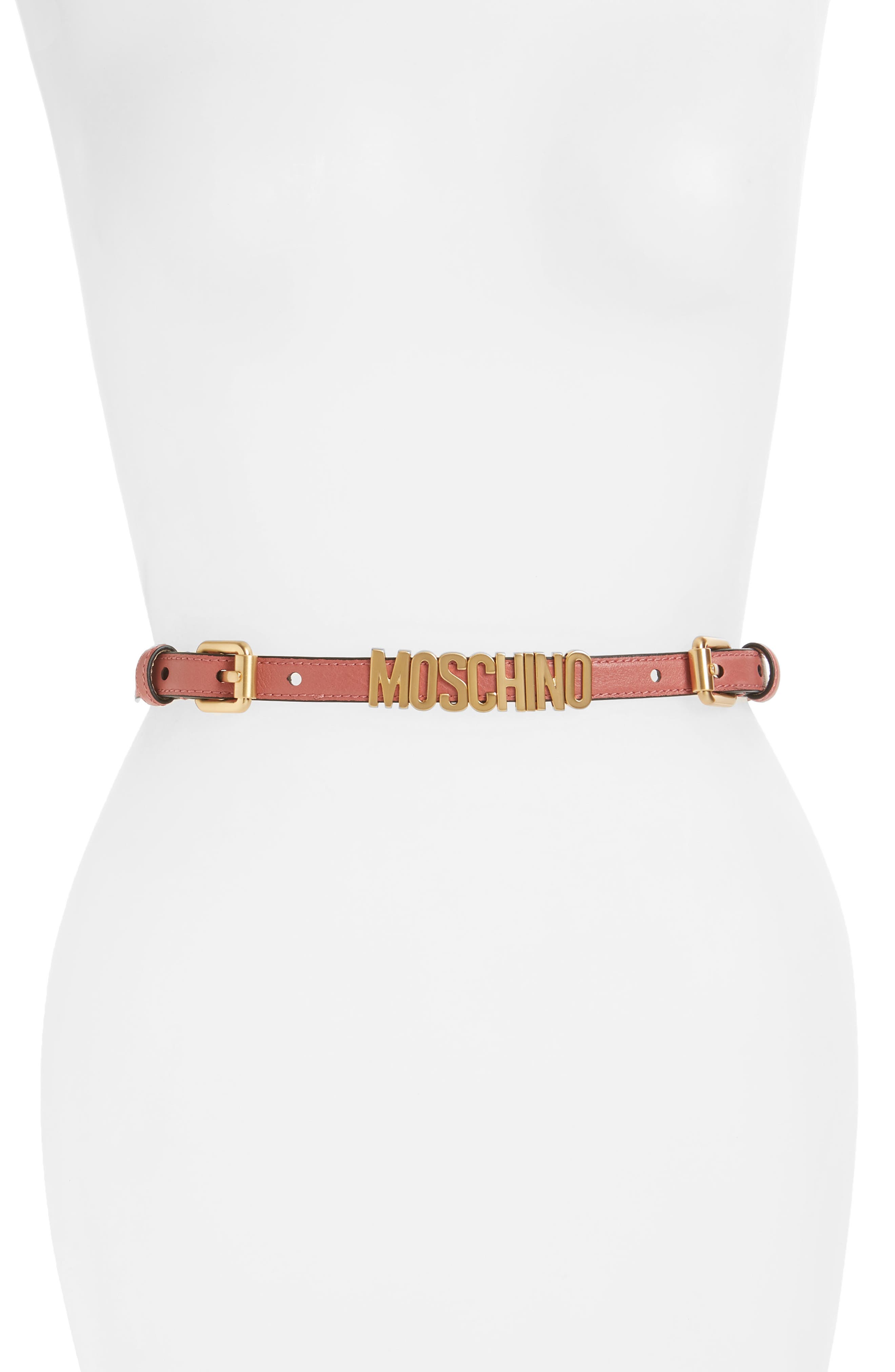 Moschino Logo Skinny Leather & Chain Belt, Rose Pink With Gold