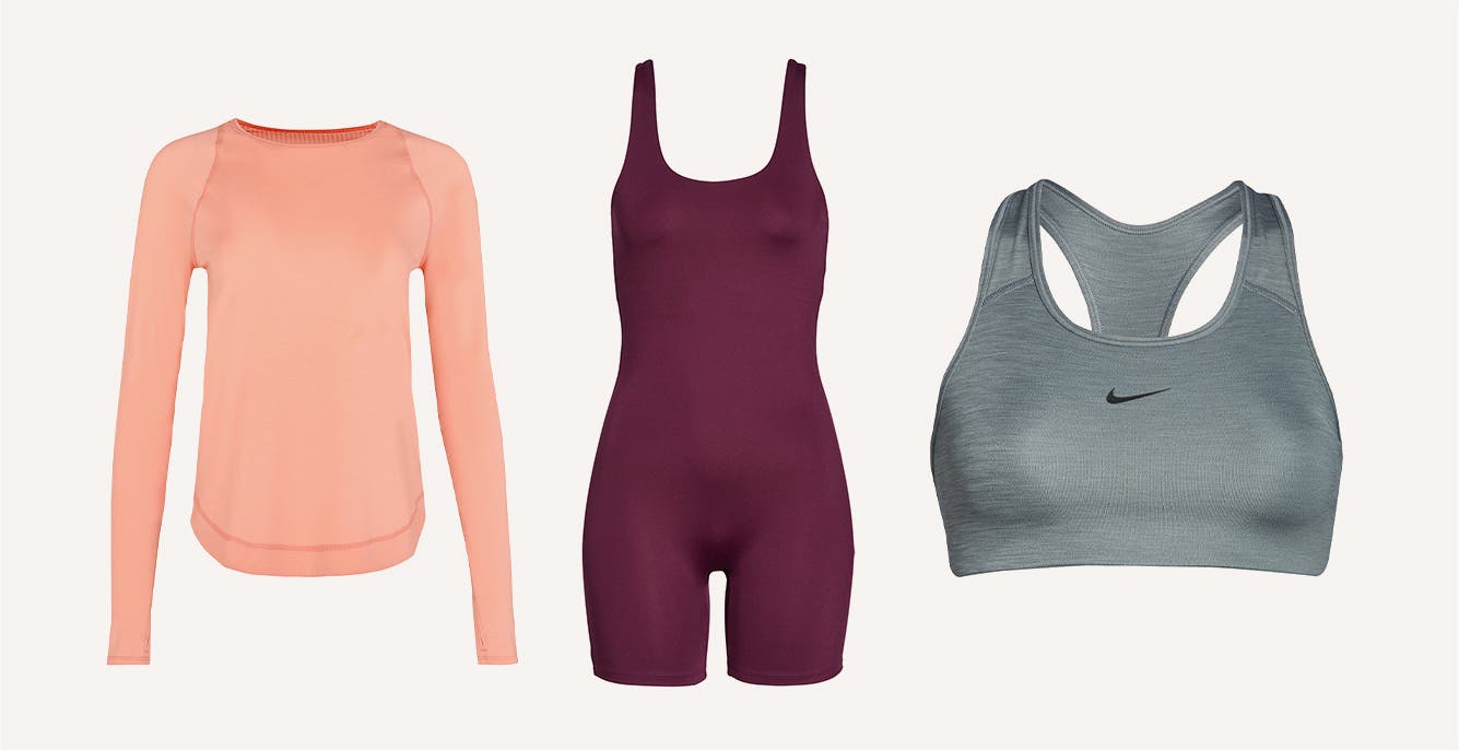 A pink long-sleeve active top; a plum-colored cycling unitard; a grey Nike sports bra.