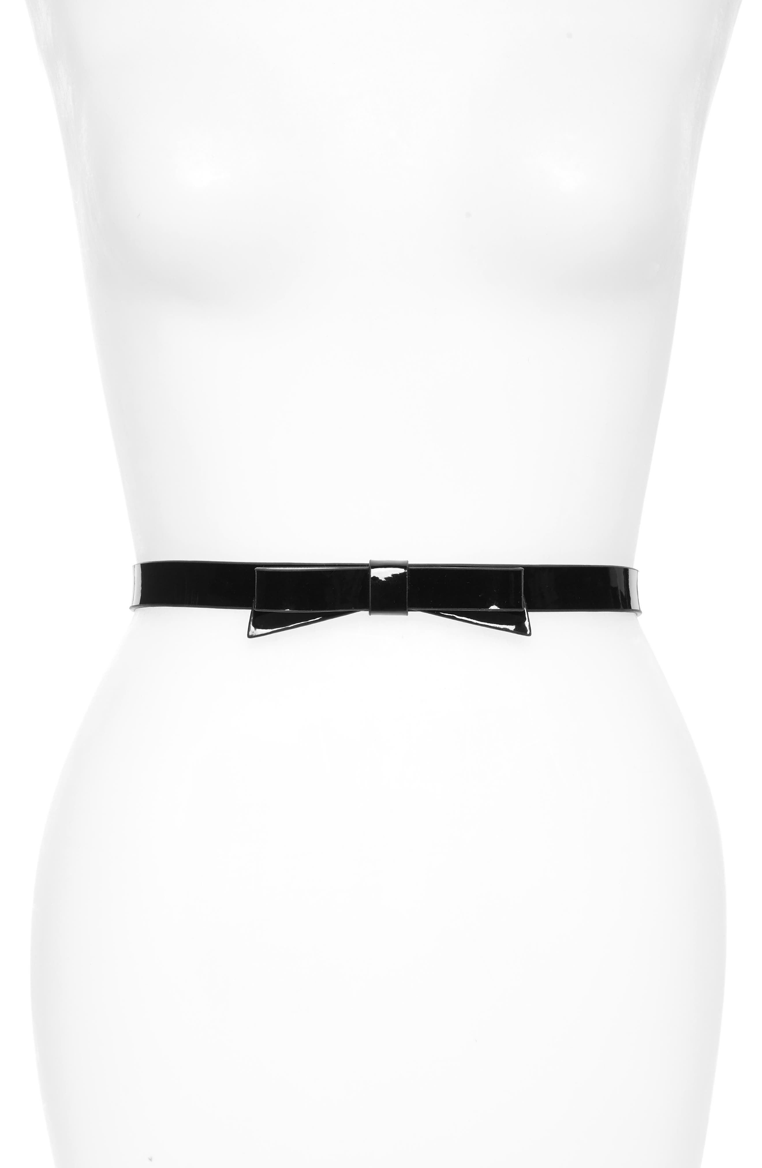 Kate Spade New York Classic Bow Leather Skinny Belt, Black/ Pale Pol Gold