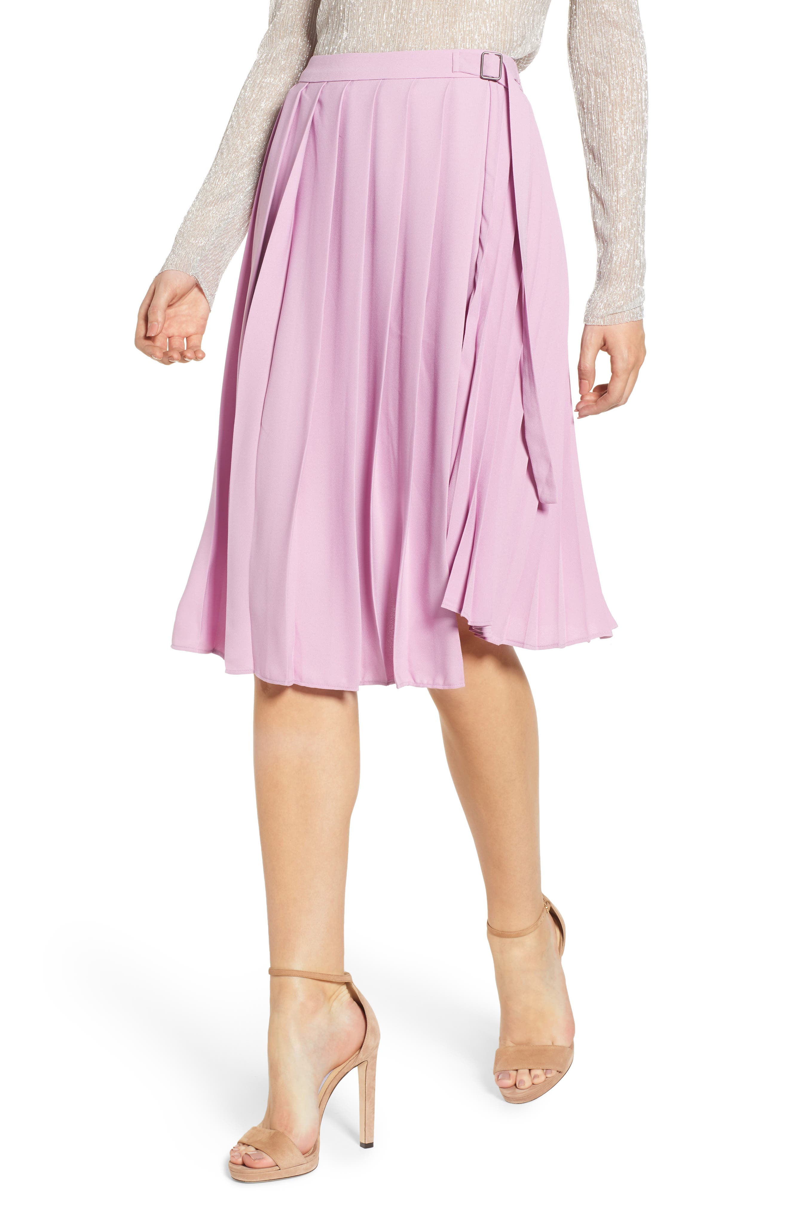 Leith Asymmetrical Pleated Faux Wrap Skirt, Purple