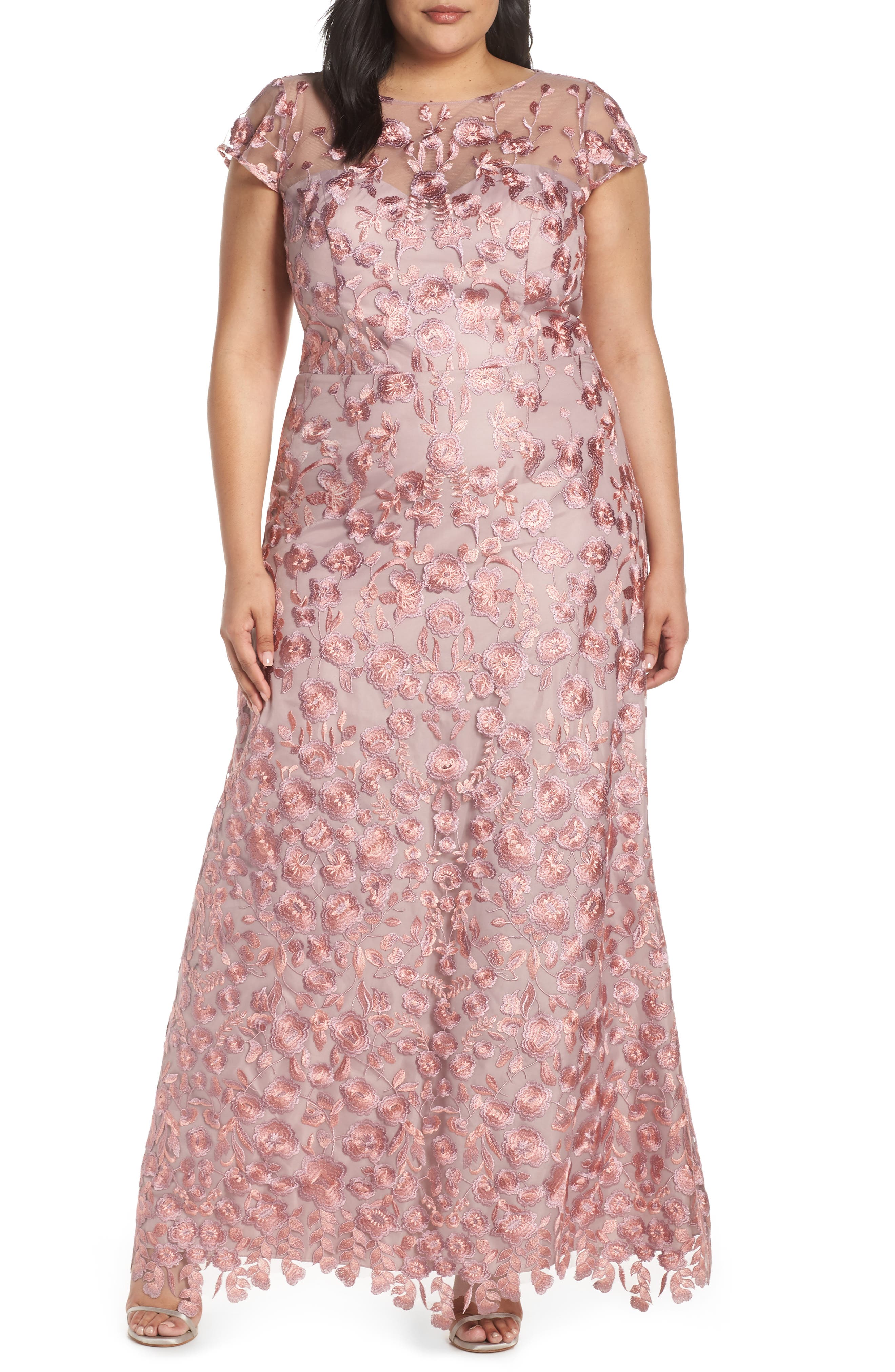 Plus Size Js Collections Floral Embroidered Evening Dress, Pink