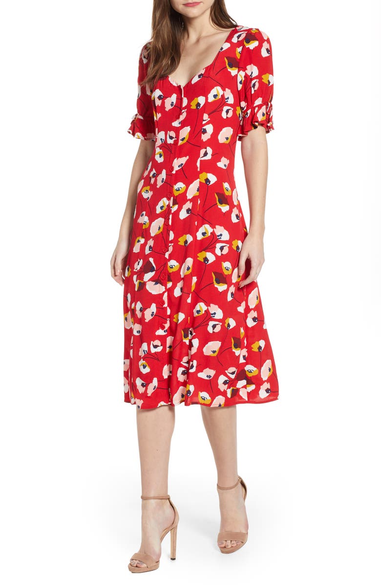 ROW A Floral Print Midi Dress, Main, color, RED POPPY FLORAL