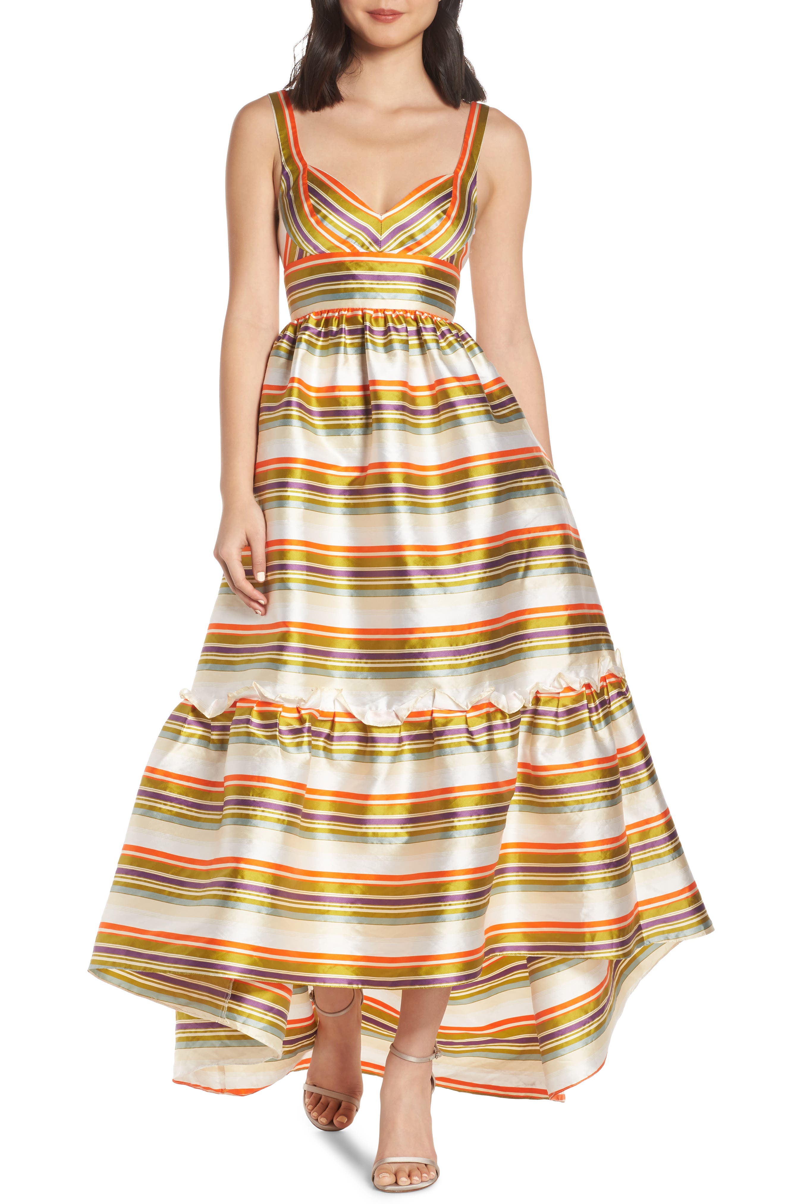 Jill Jill Stuart Stripe High Low Ruffle Hem Gown, Ivory