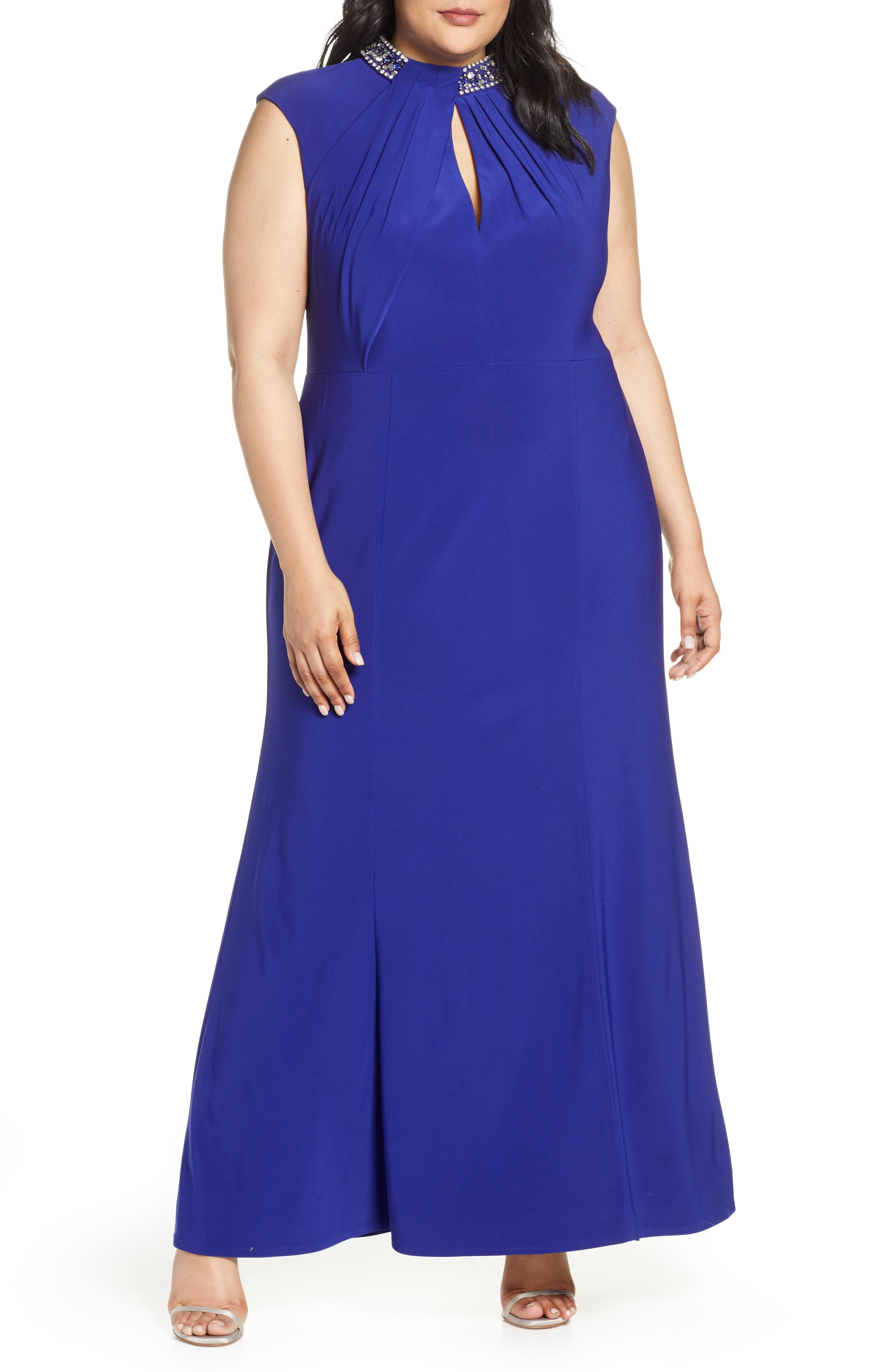 Plus Size Vince Camuto Embellished Twist Neck Gown, Blue