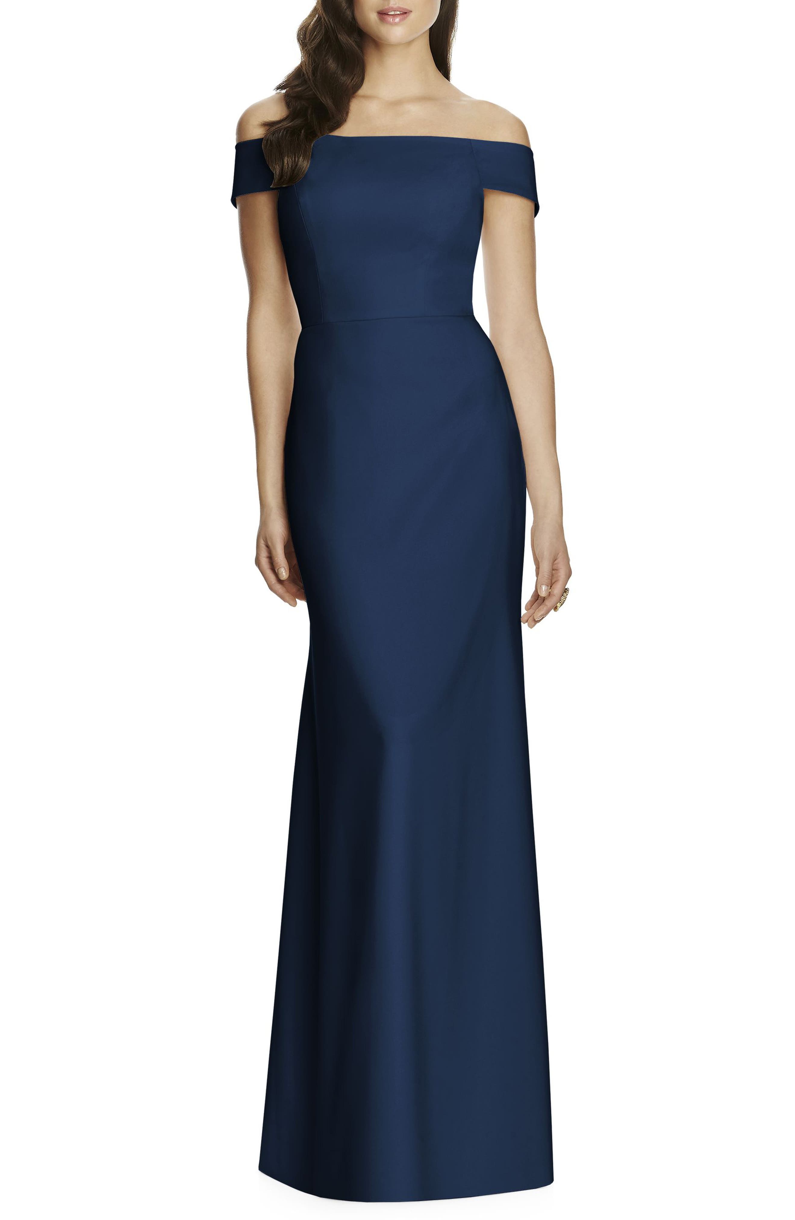 Dessy Collection Off The Shoulder Crepe Gown, Blue